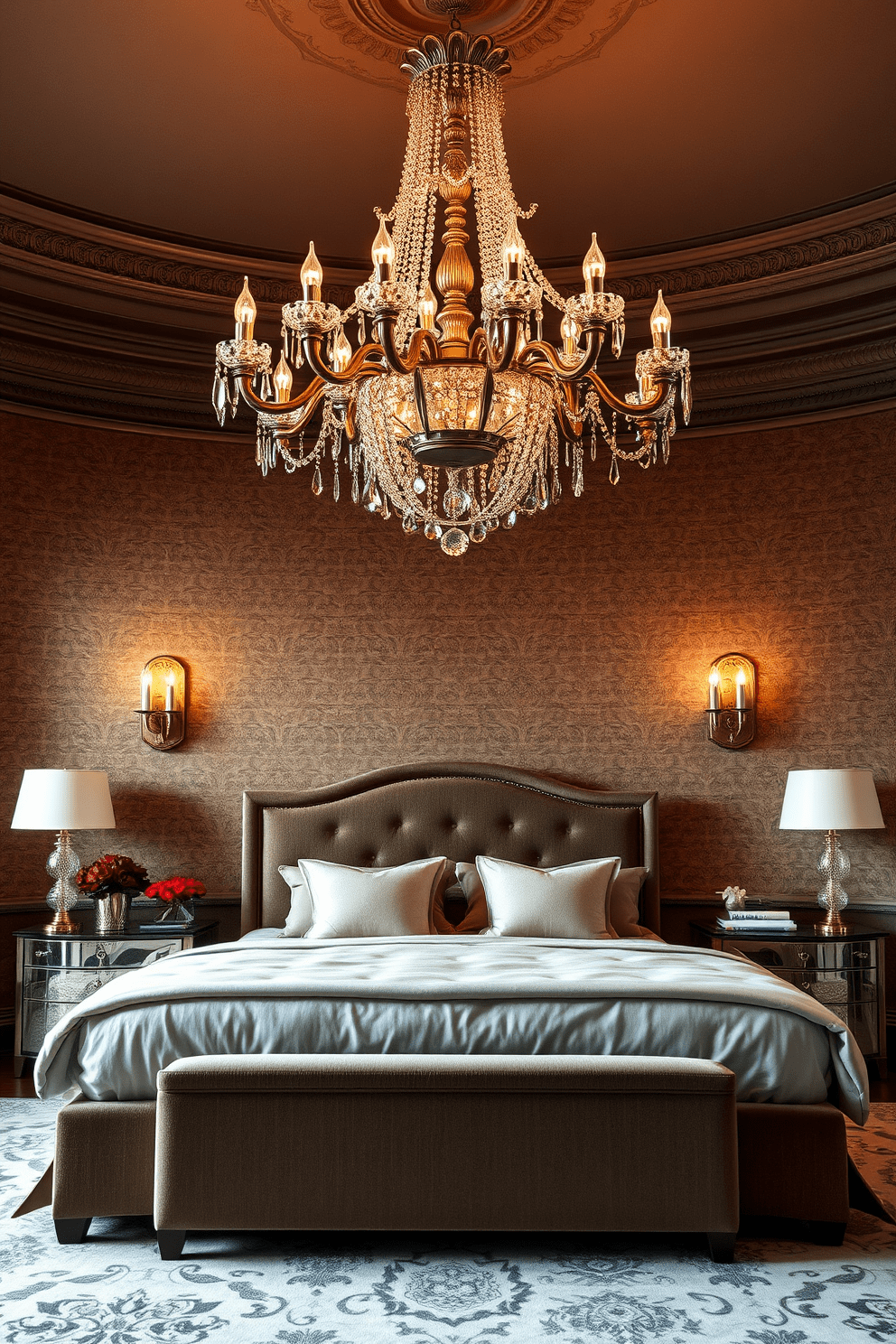 A stunning Italian bedroom featuring a statement chandelier as the focal point. The chandelier is ornate with crystal accents, casting a warm glow over the room. The walls are adorned with rich, textured wallpaper in deep hues. A plush king-sized bed with an upholstered headboard is centered against the wall, flanked by elegant nightstands.