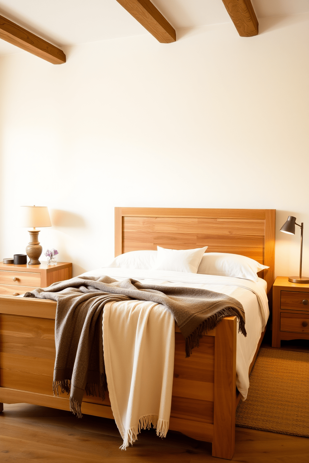 A serene Italian bedroom featuring natural wood finishes that exude warmth and comfort. The room includes a large wooden bed frame with plush linens and a cozy throw blanket draped over the foot. Soft ambient lighting creates a relaxing atmosphere, complemented by wooden bedside tables adorned with elegant lamps. The walls are painted in a soft cream color, enhancing the natural wood elements and providing a tranquil backdrop.