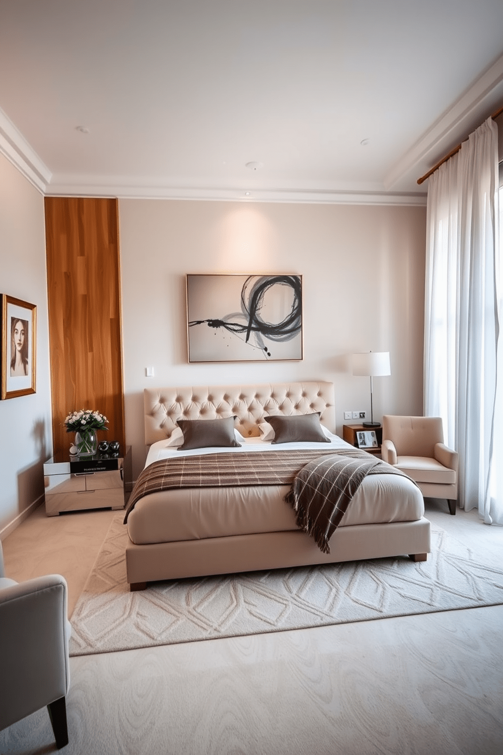 A serene Italian bedroom featuring a plush king-sized bed with a tufted headboard in soft beige fabric. The walls are adorned with elegant artwork and a large contemporary painting above the bed, complemented by warm wooden accents. Natural light floods the room through large windows draped with sheer white curtains. A stylish bedside table holds a modern lamp, and a cozy armchair in the corner adds a touch of comfort.