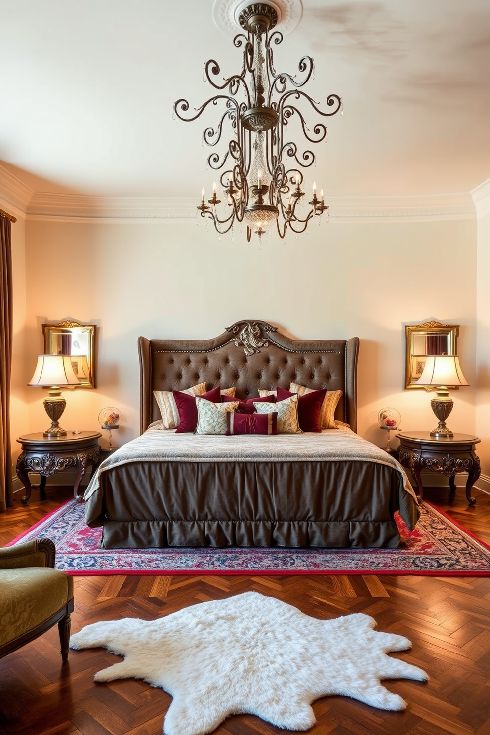 A luxurious Italian bedroom featuring a plush king-sized bed adorned with rich fabrics and decorative pillows. The walls are painted in soft cream tones, and a large ornate chandelier hangs from the ceiling, casting a warm glow over the space. Sumptuous area rugs are layered beneath the bed, adding texture and warmth to the hardwood floor. Elegant bedside tables with intricate carvings flank the bed, each topped with stylish lamps that enhance the cozy ambiance.