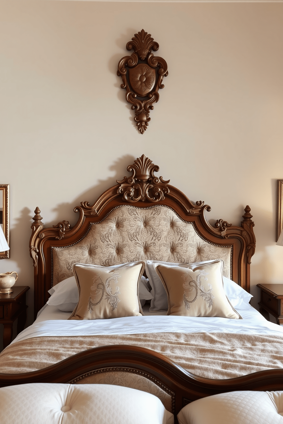 A beautifully crafted headboard is the centerpiece of an elegant Italian bedroom. It features intricate carvings and luxurious upholstery that exude sophistication and charm. The walls are adorned with soft pastel colors, creating a serene atmosphere. Rich wooden furniture complements the headboard, while plush bedding adds comfort and style.