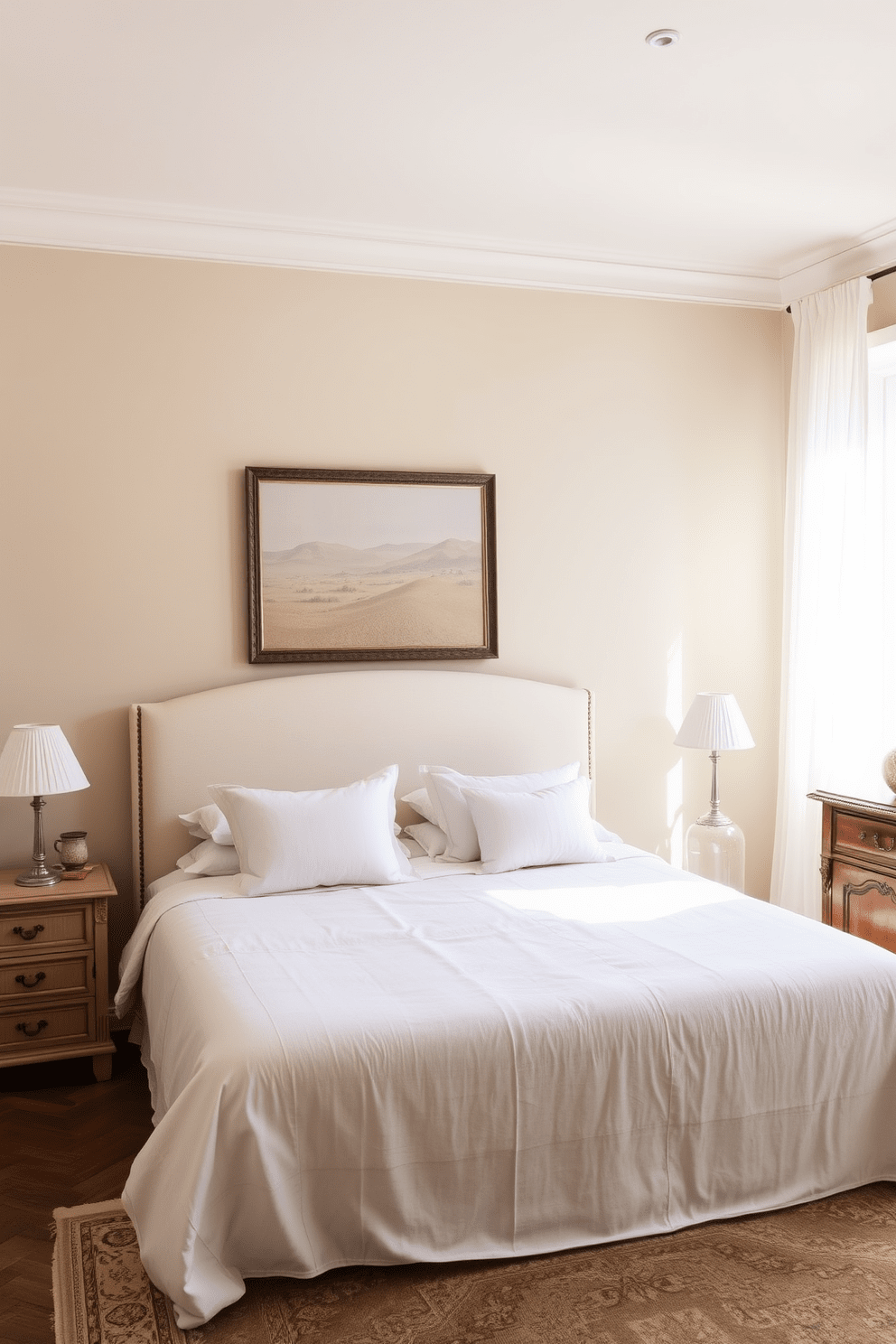 A serene Italian bedroom featuring a muted color palette that promotes tranquility. The walls are painted in soft beige, complemented by a plush cream upholstered headboard and delicate linen bedding. Natural light filters in through sheer white curtains, creating a warm and inviting atmosphere. A rustic wooden dresser and bedside tables add charm, while a vintage area rug in muted tones anchors the space.