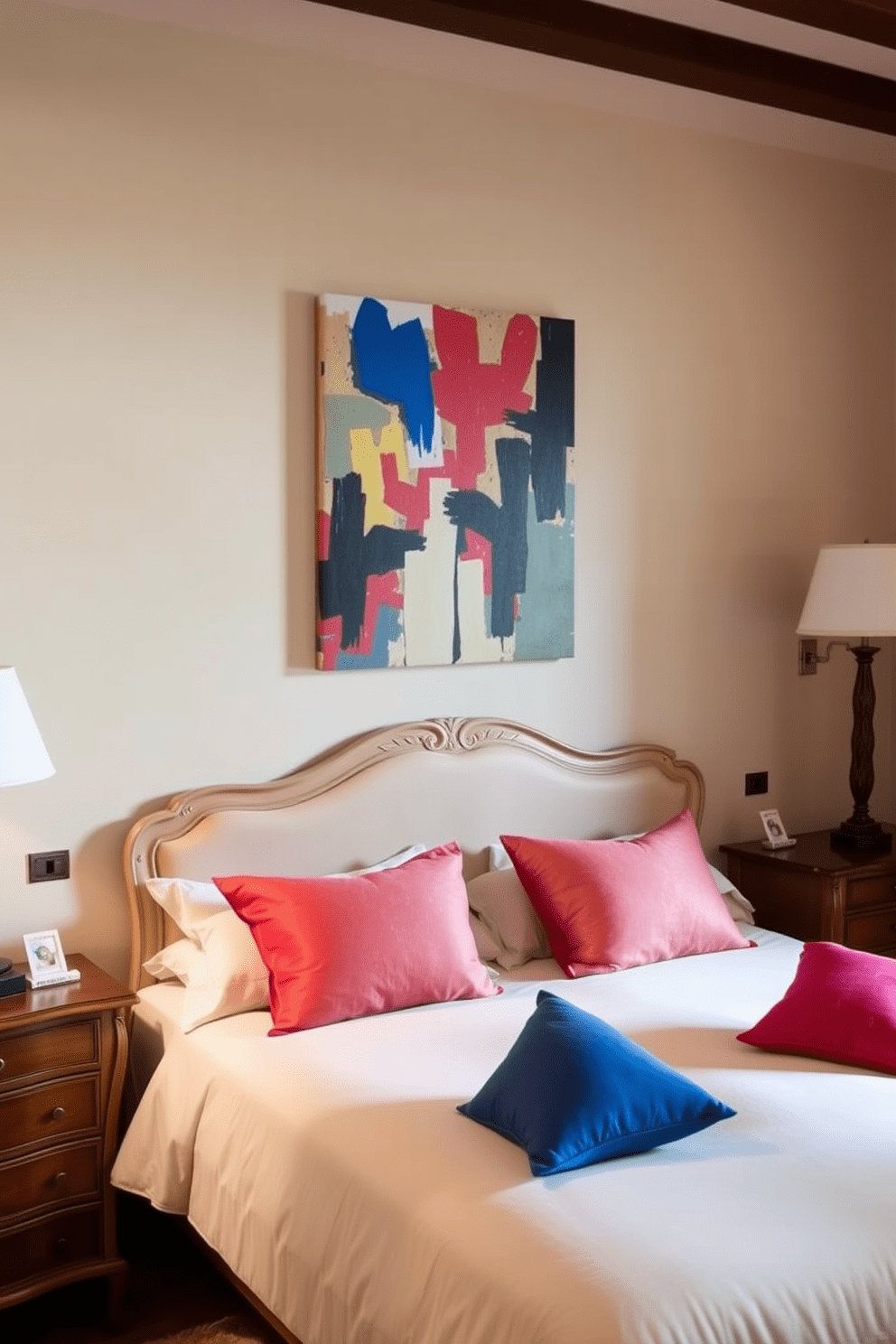 A serene Italian bedroom featuring neutral tones with bold accents. The walls are painted in a soft beige, complemented by a plush cream-colored bedspread adorned with vibrant red and blue throw pillows. Elegant wooden furniture pieces, including a carved headboard and matching nightstands, enhance the room's warmth. A striking abstract painting with bold colors hangs above the bed, creating a focal point that draws the eye.