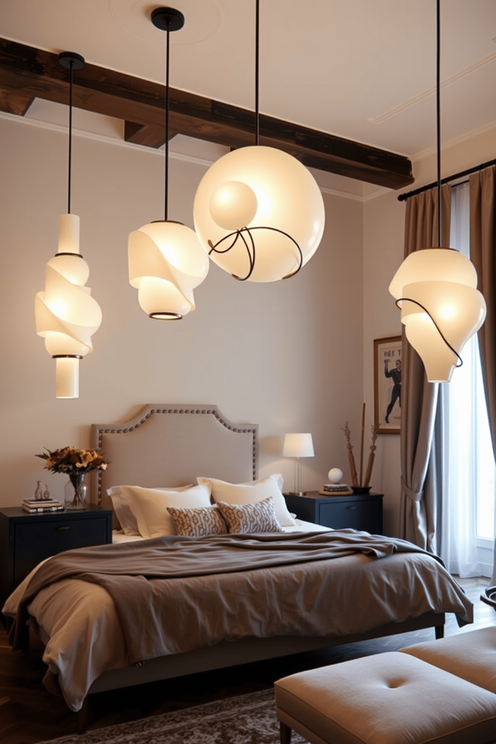 A stunning Italian bedroom featuring sculptural light fixtures that add a touch of elegance and interest to the space. The room is adorned with rich textures and warm colors, creating a cozy yet sophisticated atmosphere.