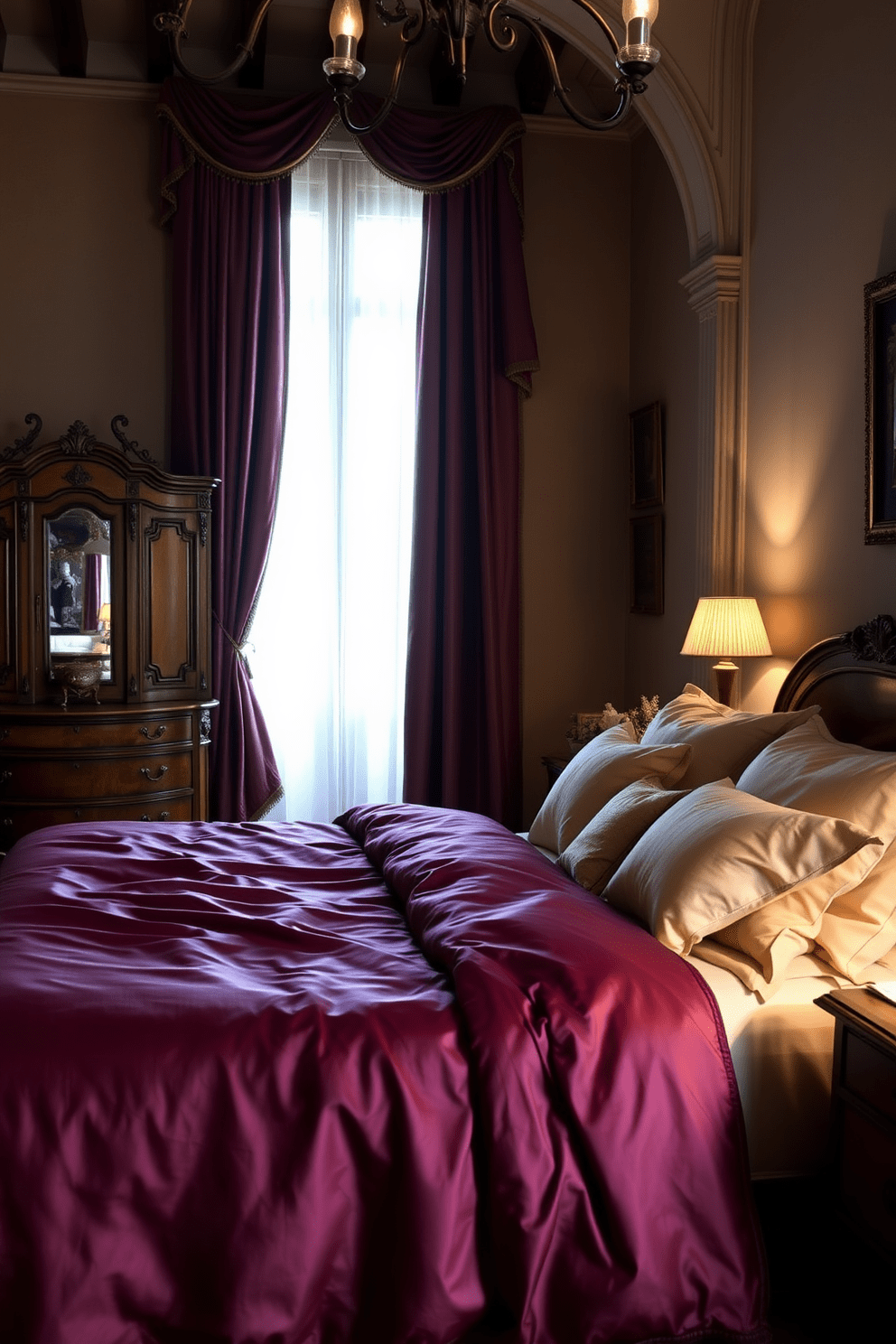 A luxurious Italian bedroom featuring rich textiles such as silk and linen. The bed is adorned with an elegant silk duvet in deep jewel tones and plush linen pillows. Antique wooden furniture complements the opulent fabrics, creating a warm and inviting atmosphere. Soft ambient lighting casts a gentle glow, enhancing the room's sophisticated charm.