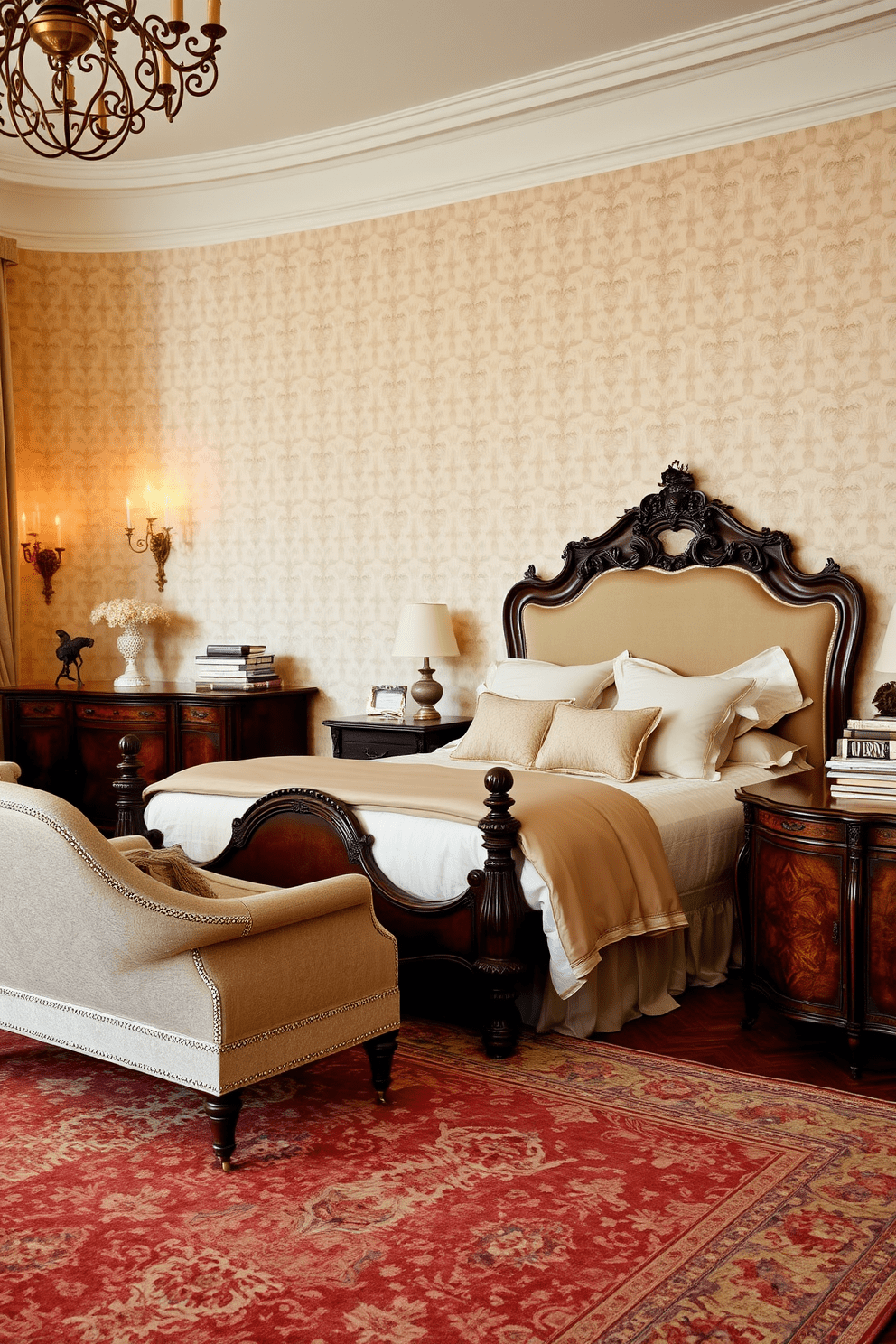 Elegant wallpaper with subtle patterns creates a serene atmosphere in the Italian bedroom. The room features a plush bed with an ornate headboard, dressed in luxurious linens that complement the wallpaper. Antique wooden furniture adds character, while soft lighting from elegant sconces casts a warm glow. A vintage rug anchors the space, enhancing the overall elegance and charm of the design.