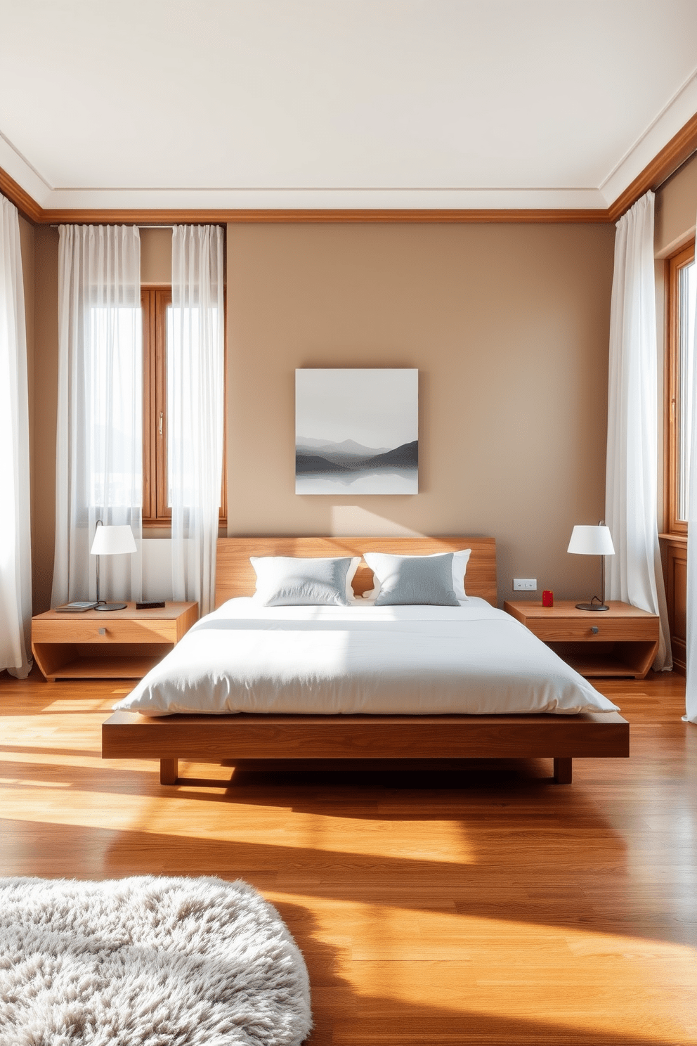 A serene Italian bedroom featuring a low platform bed with a simple white duvet and soft gray pillows. The walls are painted in a warm beige, complemented by wooden accents and minimalist artwork above the bed. Natural light floods the room through large windows dressed with sheer white curtains. A sleek nightstand on either side of the bed holds modern lamps, while a plush area rug adds warmth to the polished wooden floor.