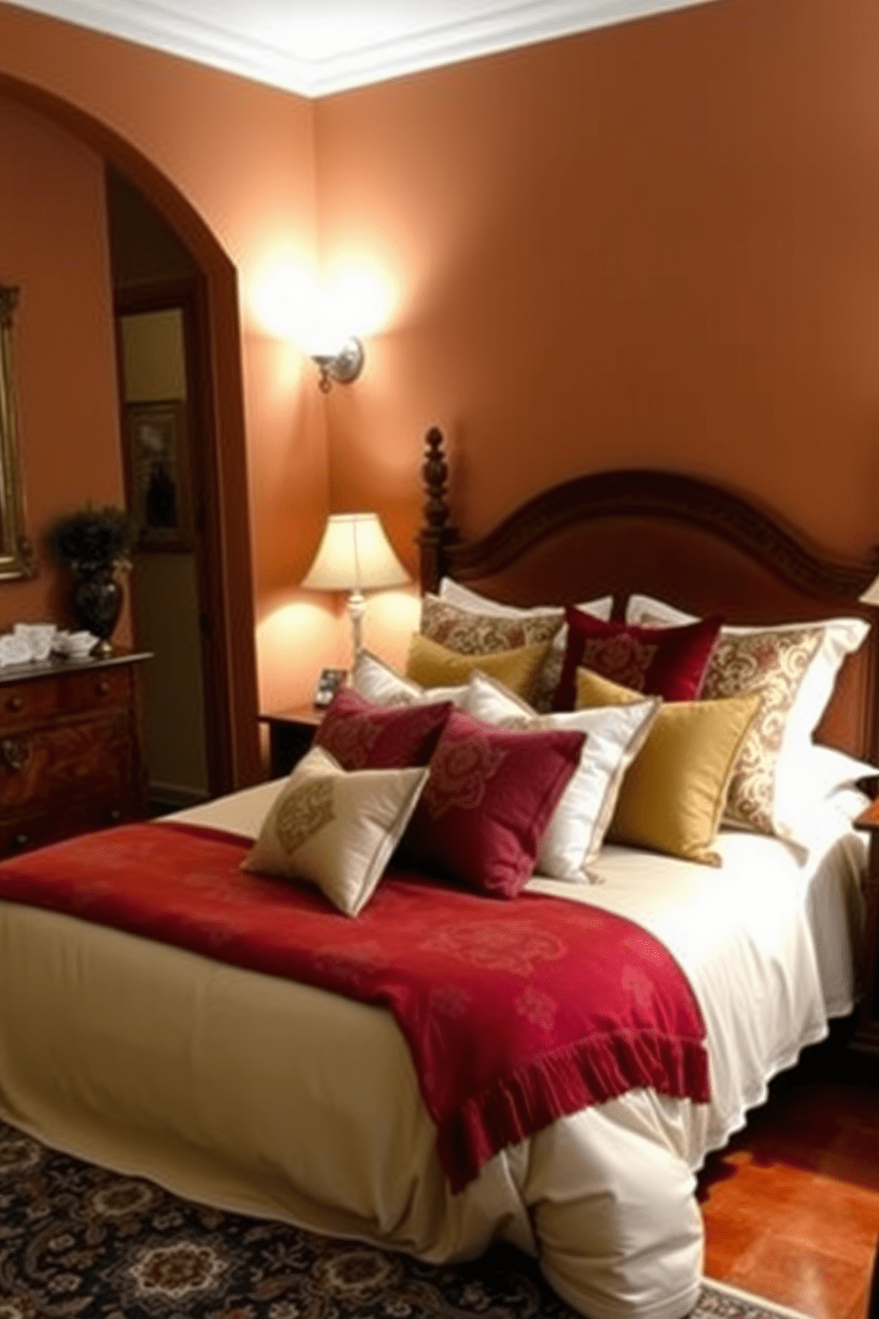 A cozy Italian bedroom featuring a plush bed adorned with decorative pillows in rich fabrics and vibrant colors. The walls are painted in warm earth tones, complemented by elegant wooden furniture and soft ambient lighting. The bedding includes a luxurious duvet and a variety of decorative pillows in different shapes and sizes. A stylish area rug lies beneath the bed, adding texture and warmth to the space.