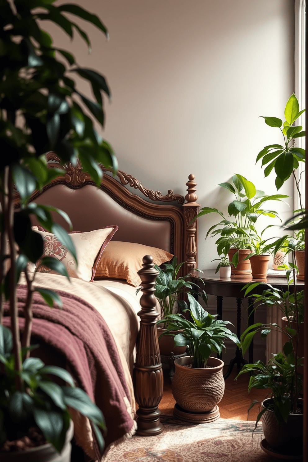 Indoor plants add a refreshing touch of nature to any interior space. Imagine a cozy corner featuring a variety of lush green plants in stylish pots, enhancing the room's ambiance. For an Italian bedroom design, envision a romantic atmosphere with soft, warm colors and elegant furnishings. A luxurious bed with an ornate headboard is complemented by rich textiles and vintage decor elements, creating a serene retreat.