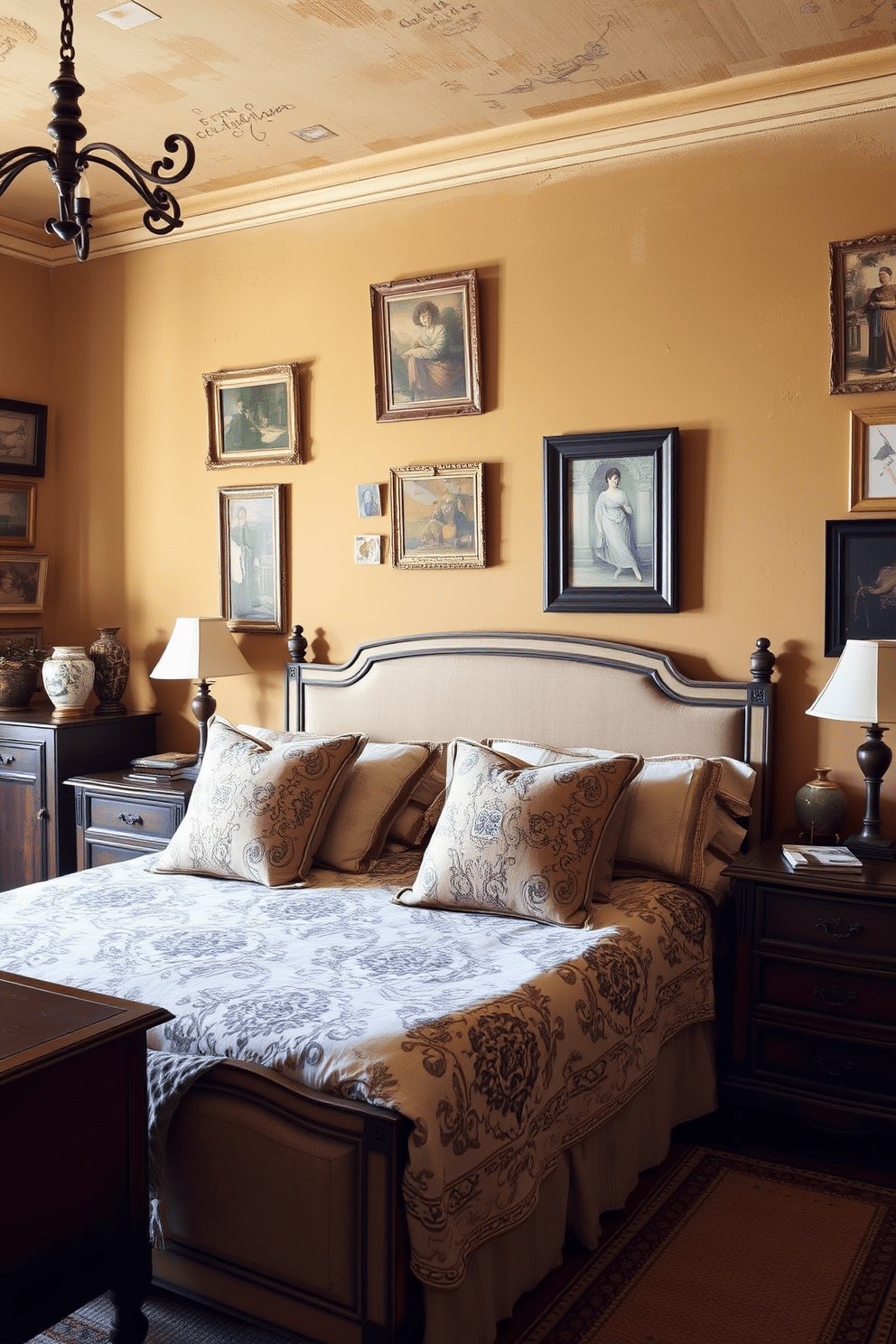 A cozy Italian bedroom featuring warm earth tones and rich textures. The walls are adorned with personalized artwork that reflects the homeowner's personality, creating a unique and inviting atmosphere. The bed is dressed in luxurious linens with intricate patterns, complemented by plush pillows. A vintage dresser and bedside tables in dark wood add character, while soft lighting enhances the intimate feel of the space.