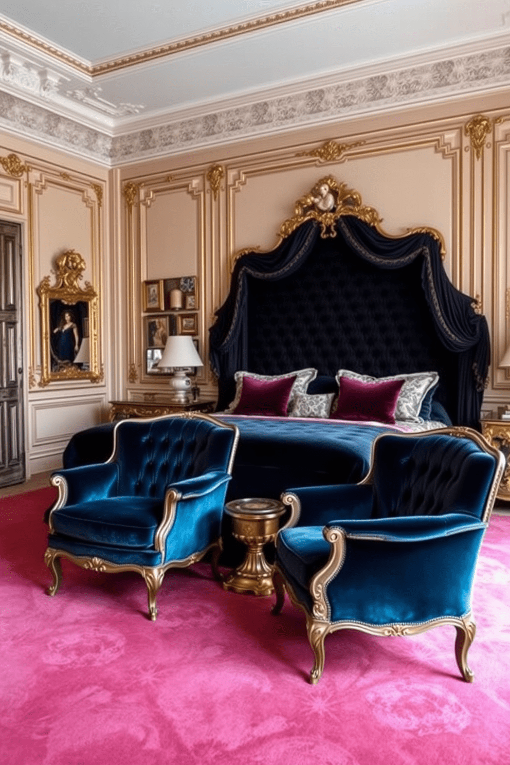 A luxurious Italian bedroom features rich velvet upholstery on the bed and accent chairs, creating a plush and inviting atmosphere. The color palette includes deep jewel tones complemented by ornate gold accents and intricate moldings on the walls.