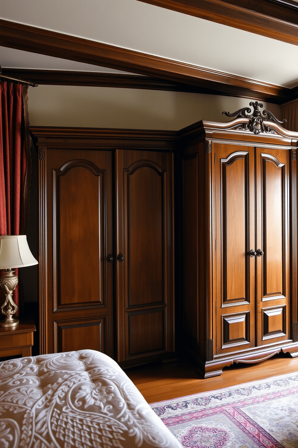 A classic Italian bedroom featuring elegant wooden armoires that provide ample storage space. The room is adorned with rich fabrics and warm colors, creating a cozy and inviting atmosphere.