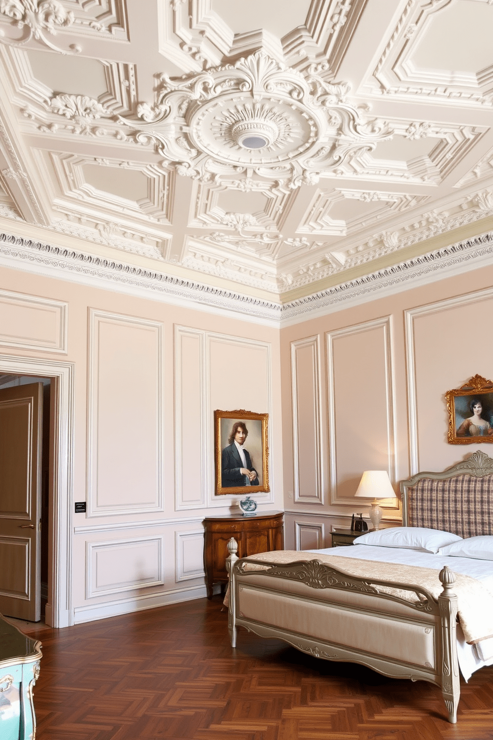 A luxurious Italian bedroom featuring intricate ceiling moldings that add a touch of elegance. The walls are adorned with soft pastel colors, and the floor is covered with rich wooden planks.