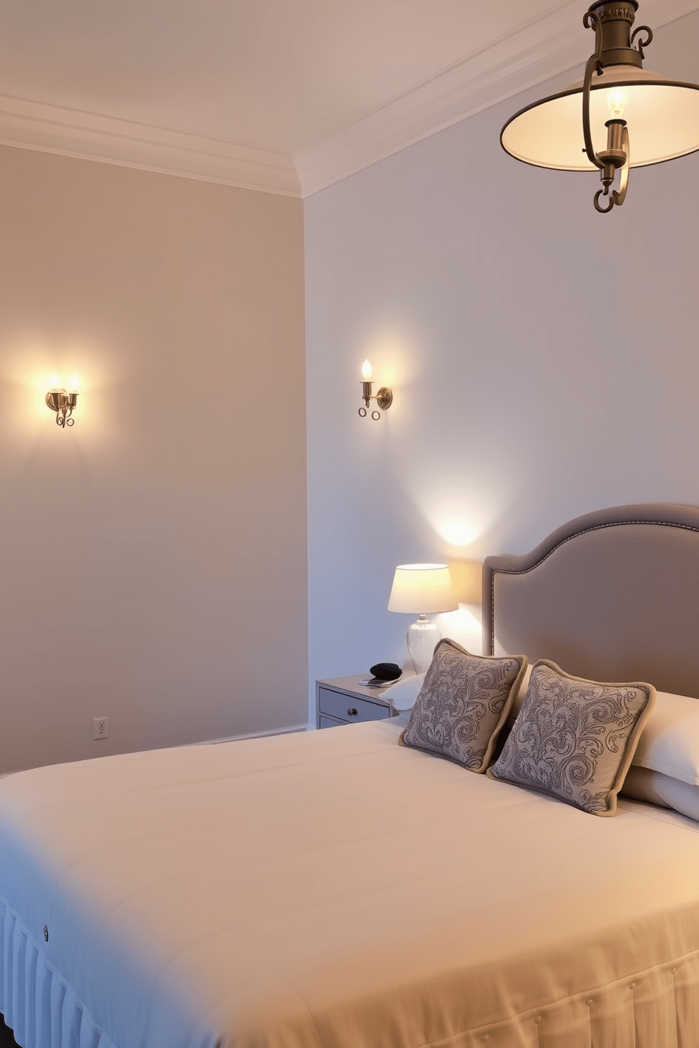 A serene Italian bedroom setting with soft ambient lighting fixtures creating a warm and inviting atmosphere. The walls are adorned with soft pastel colors, and a plush king-sized bed is dressed in luxurious linens with decorative pillows.