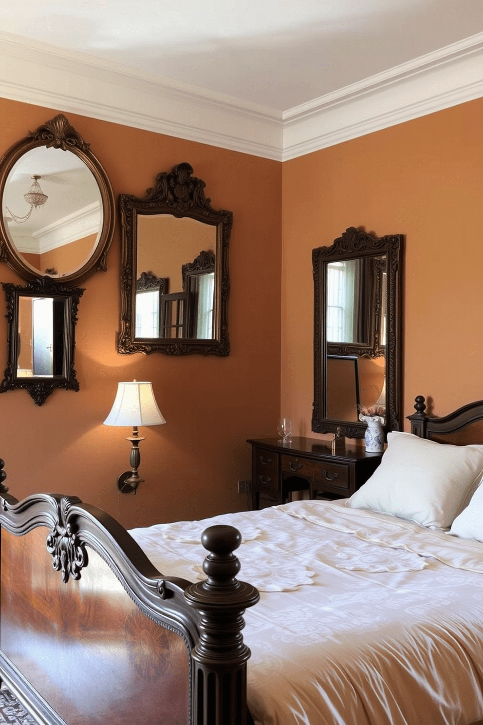 A cozy Italian bedroom featuring vintage mirrors that reflect natural light. The room showcases a classic wooden bed with intricate carvings and luxurious linens, complemented by soft, ambient lighting. The walls are adorned with warm, earthy tones that create a welcoming atmosphere. Elegant vintage mirrors are strategically placed to enhance the sense of space and add a touch of sophistication.