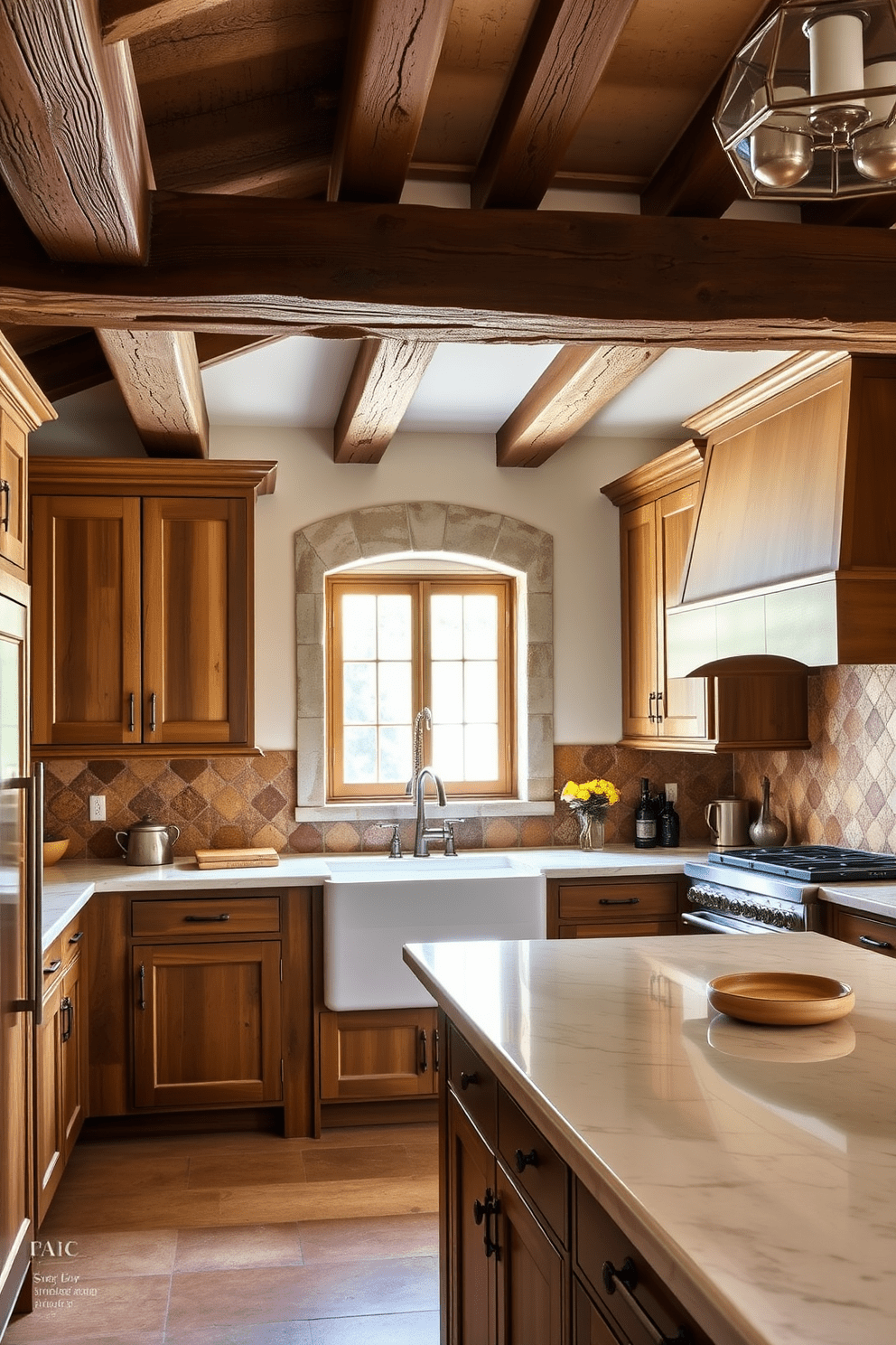 A charming Italian kitchen featuring rustic wooden beams overhead and stone accents throughout the space. The cabinetry is crafted from reclaimed wood, complemented by a large island topped with a polished marble surface. The backsplash showcases handmade ceramic tiles in warm earth tones, adding character to the design. A vintage farmhouse sink is positioned under a window, allowing natural light to flood the room.