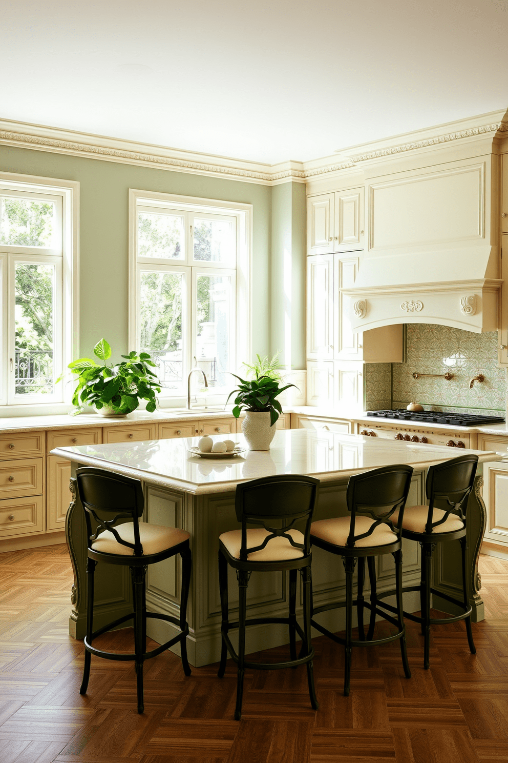 A cohesive color palette of greens and creams creates a serene atmosphere in the Italian kitchen. The cabinetry features soft cream tones with intricate woodwork, complemented by green accents in the backsplash and decorative tiles. A large island with a cream marble countertop serves as a focal point, surrounded by elegant bar stools. Natural light floods the space through large windows, highlighting the lush indoor plants placed on the windowsill.