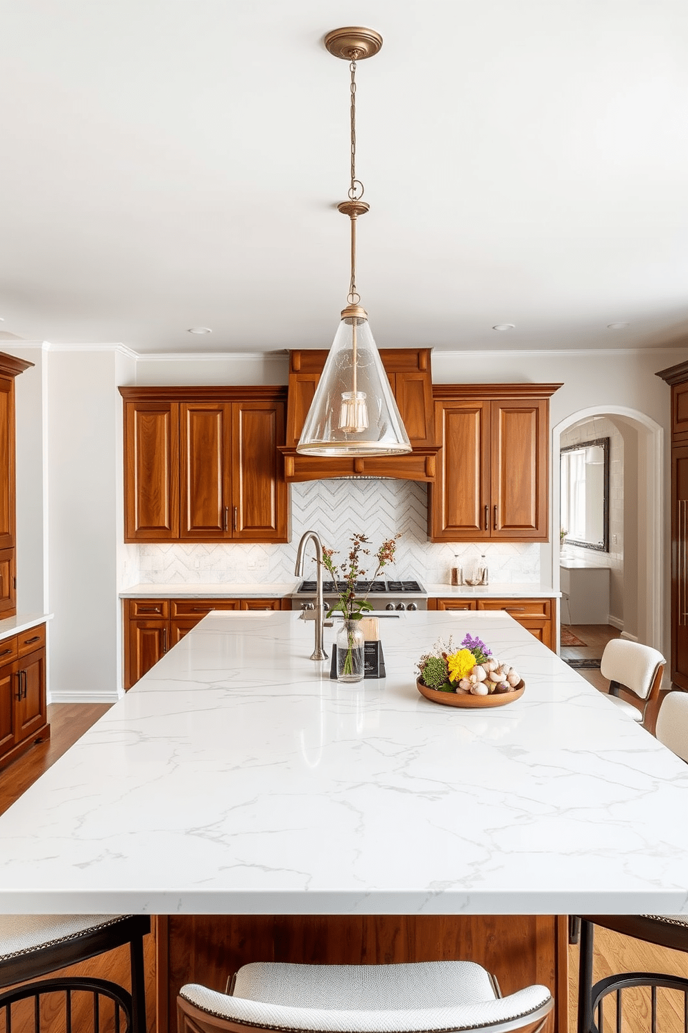 A spacious island serves as the centerpiece of this Italian kitchen, featuring a sleek marble countertop that invites gatherings. Surrounding the island are stylish bar stools with plush cushions, creating a comfortable seating area for family and friends. The kitchen showcases warm wooden cabinetry that complements the rich tones of the island. Elegant pendant lights hang above, illuminating the space while adding a touch of sophistication to the overall design.