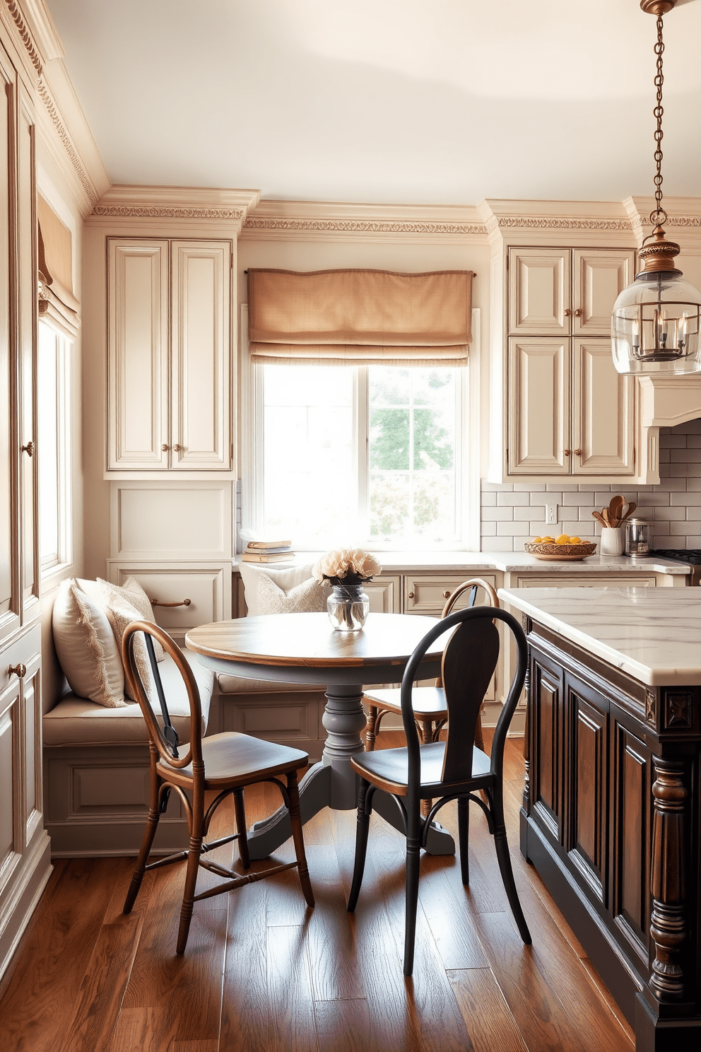 Charming breakfast nook with soft, plush cushions in a cozy corner bathed in natural light. The table is round, made of reclaimed wood, surrounded by mismatched vintage chairs that add character to the space. Italian kitchen design featuring elegant cabinetry with intricate moldings and a spacious island topped with marble. The backsplash is adorned with classic subway tiles, and hanging pendant lights create a warm, inviting atmosphere.