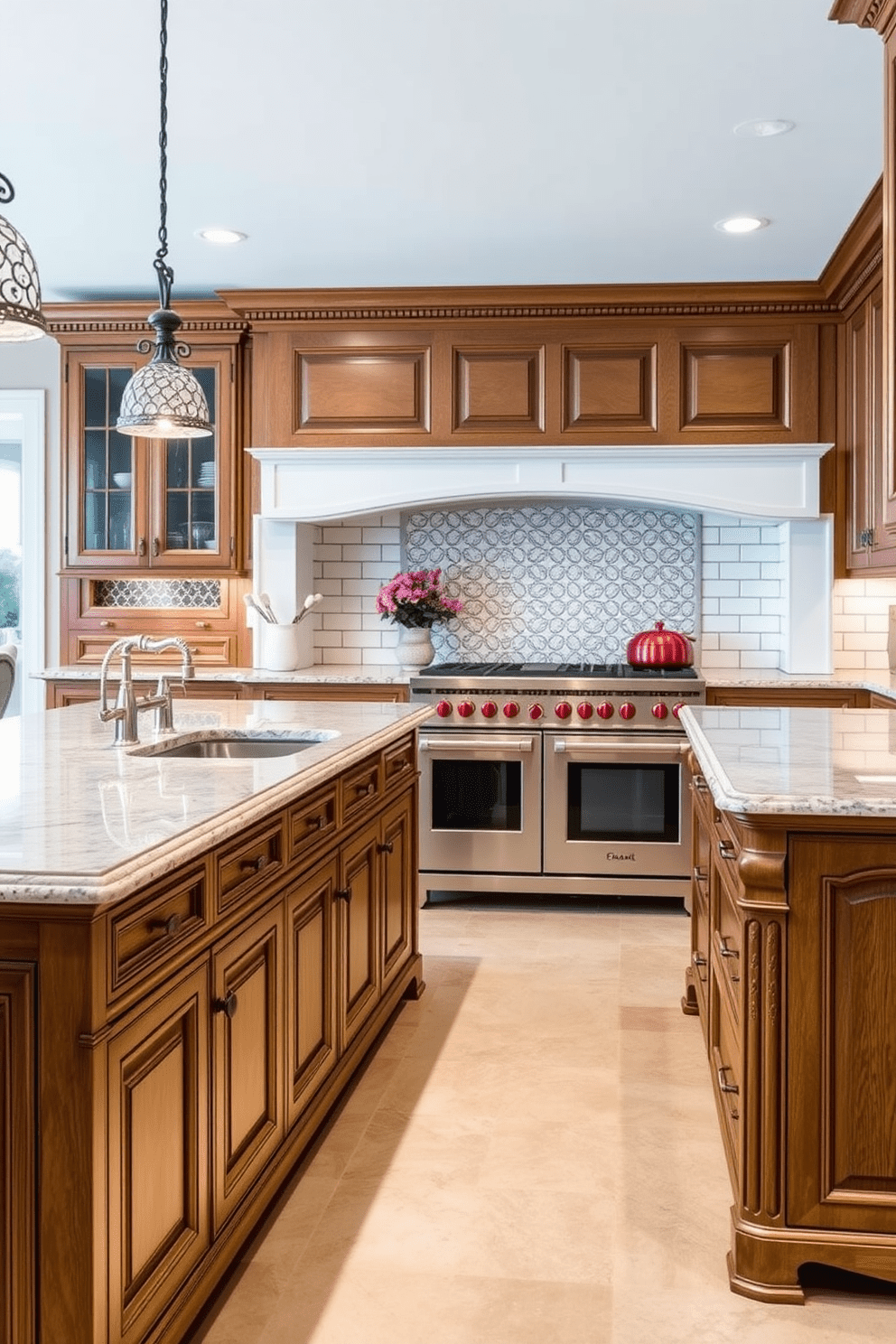 A spacious Italian kitchen featuring a subway tile backsplash that adds a timeless elegance. The cabinetry is a rich oak with intricate detailing, complemented by a large central island topped with a polished granite surface.