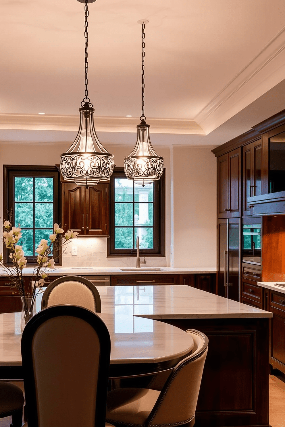 Elegant pendant lights hang gracefully over the dining area, casting a warm and inviting glow. The lights feature intricate designs that complement the overall aesthetic of the space. The Italian kitchen design showcases a harmonious blend of modern and traditional elements. Rich wooden cabinetry paired with sleek marble countertops creates a sophisticated atmosphere.