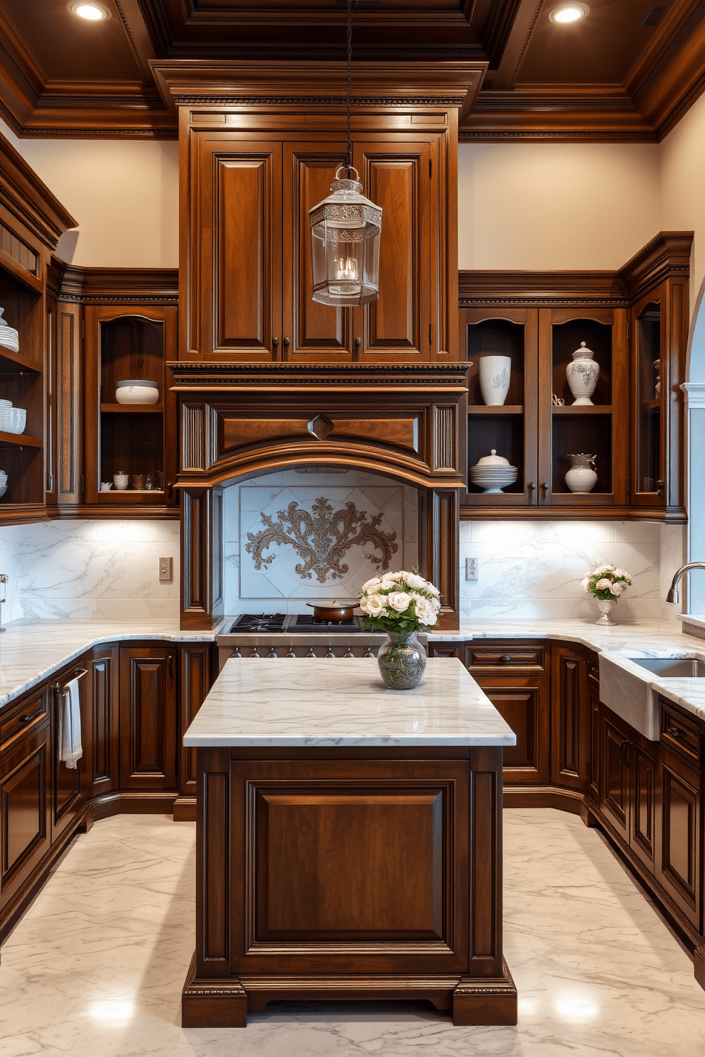 Custom cabinetry with intricate details creates a stunning focal point in an Italian kitchen. The rich wood finish complements the elegant marble countertops and enhances the overall warmth of the space. Open shelving displays beautiful dishware and decorative items, adding a personal touch to the design. A large central island serves as both a functional workspace and a gathering spot for family and friends.