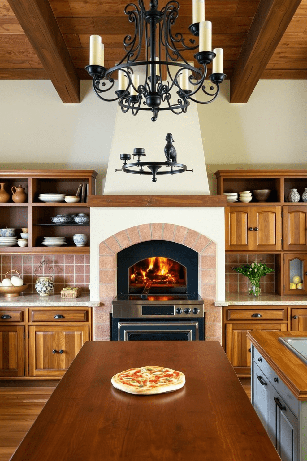 A traditional pizza oven serves as the centerpiece of this Italian kitchen, surrounded by rustic wooden cabinetry and open shelving displaying artisanal ceramics. The walls are adorned with warm terracotta tiles, while a large farmhouse table invites family gatherings under a wrought iron chandelier.