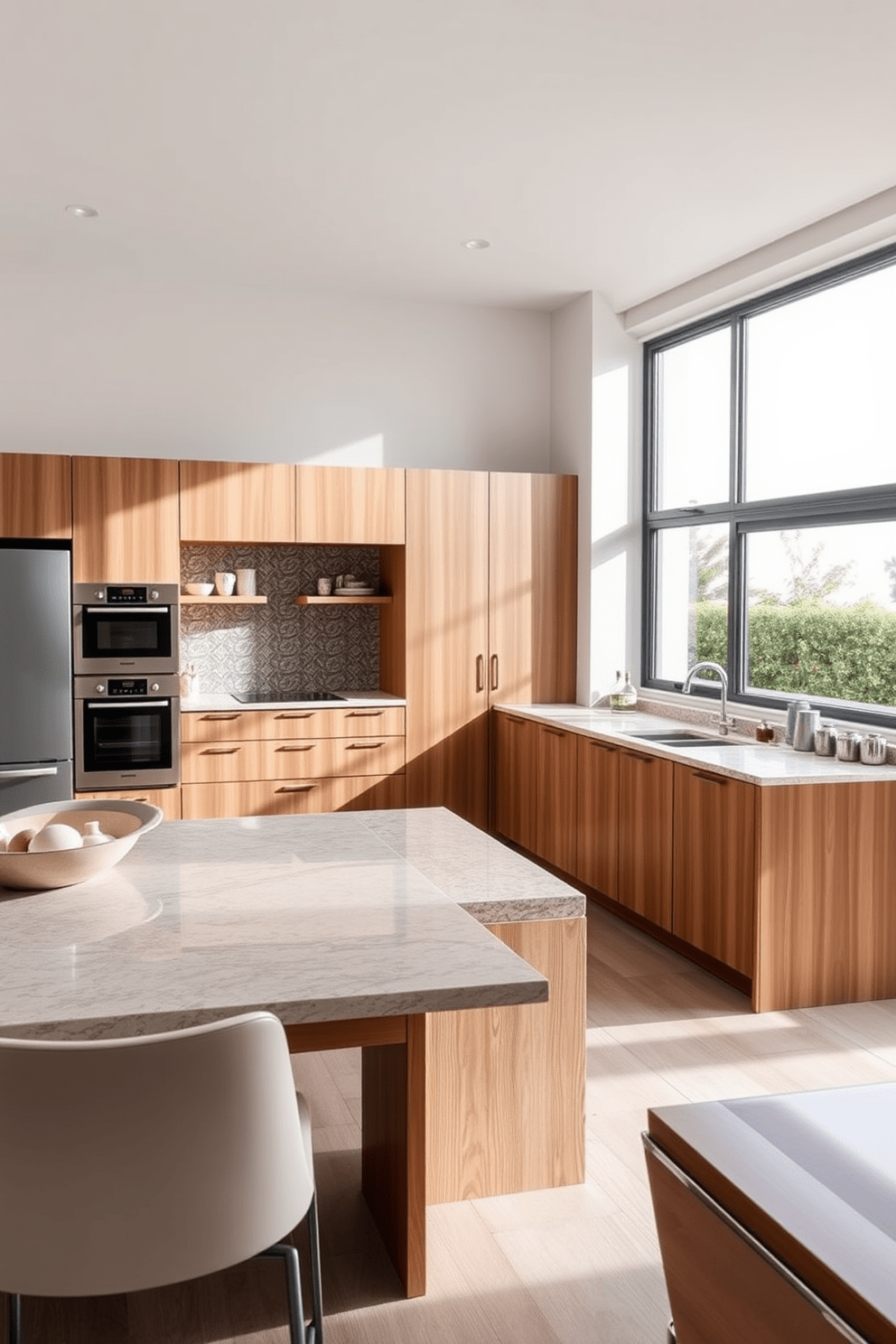 A modern Italian kitchen featuring an open layout that seamlessly connects to the dining area. The space is adorned with sleek cabinetry in a warm wood finish, complemented by a large island with a polished stone countertop. The kitchen boasts high-end stainless steel appliances and a stylish backsplash with intricate tile work. Natural light floods the area through large windows, enhancing the inviting atmosphere of the space.