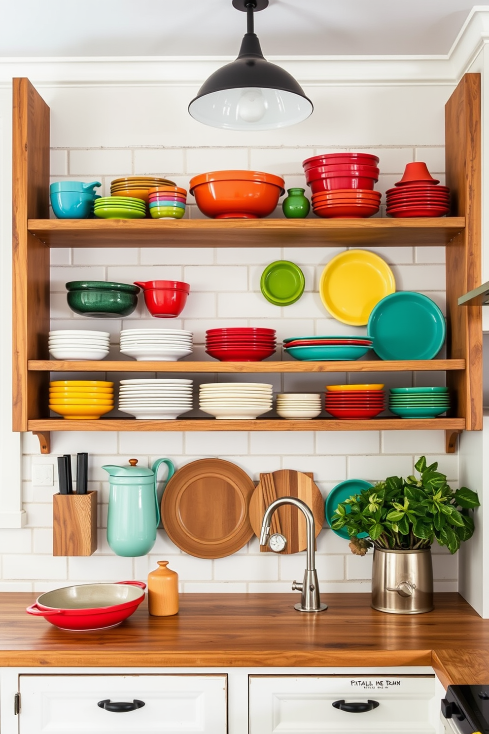 A warm and inviting Italian kitchen features open shelving displaying an array of colorful dishware in vibrant hues. The rustic wooden shelves are complemented by a backdrop of white subway tiles, creating a charming and functional space for culinary creativity.