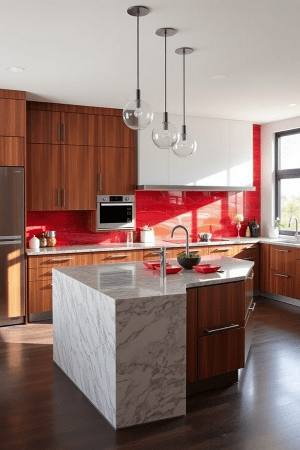 A stunning Italian kitchen featuring a bold backsplash in vibrant colors that creates a striking focal point. The cabinetry is a rich wood finish with sleek lines, complemented by a spacious island topped with polished granite. The kitchen is filled with natural light streaming through large windows, enhancing the warm tones of the decor. Elegant pendant lights hang above the island, adding a touch of sophistication to the inviting space.