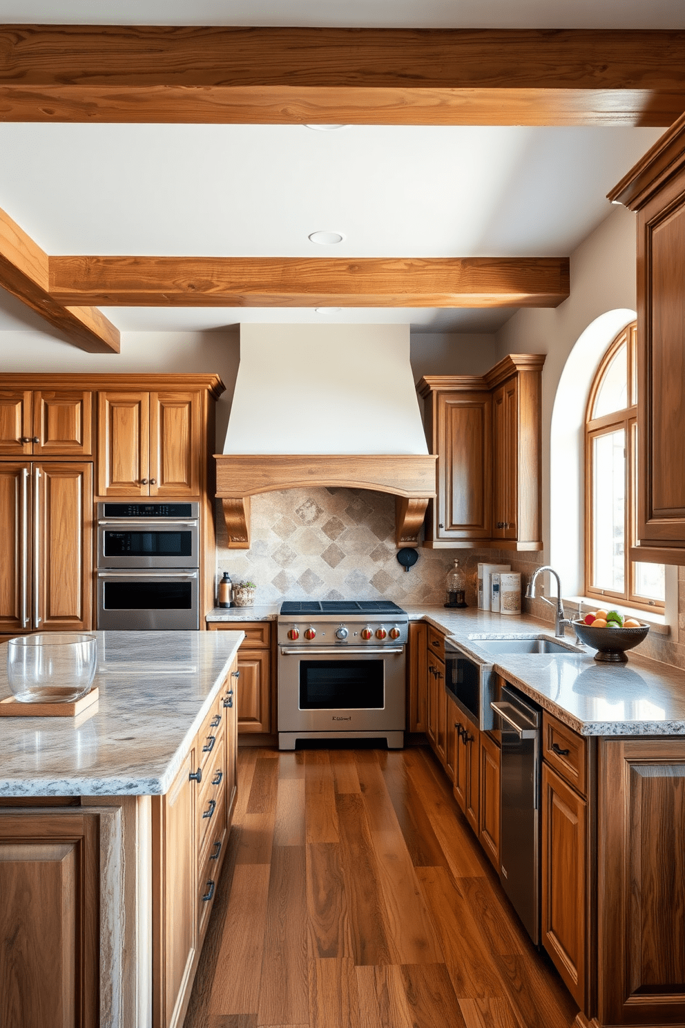 A warm and inviting Italian kitchen with natural wood finishes. The cabinetry features rich wooden textures, complemented by a large island with a polished stone countertop. Rustic wooden beams adorn the ceiling, enhancing the cozy atmosphere. The space is filled with natural light, highlighting the elegant tile backsplash and stainless steel appliances.