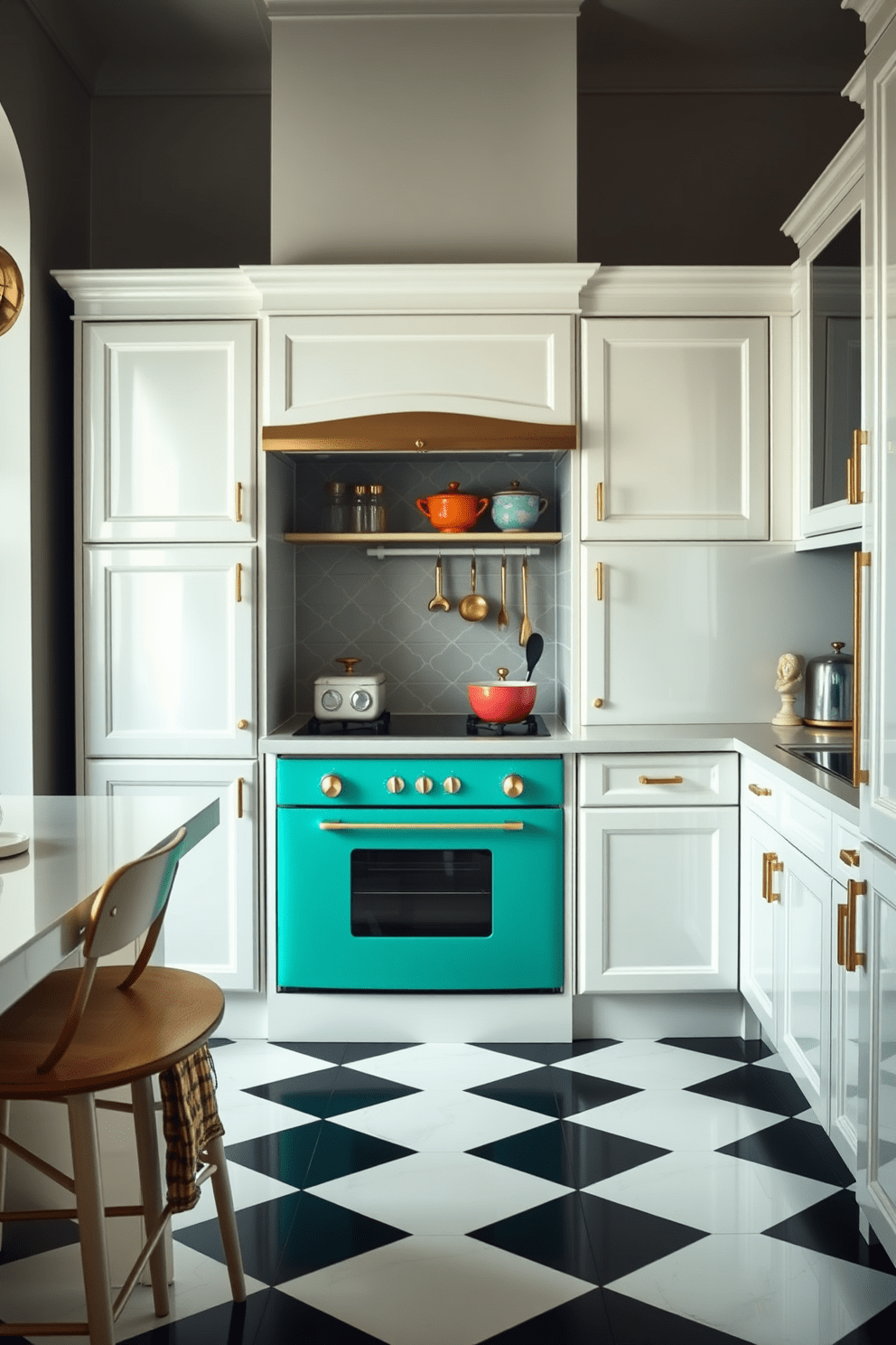 A stylish Italian kitchen featuring sleek retro appliances in vibrant colors. The cabinetry is a glossy white with gold accents, complemented by a classic checkered black and white tile floor.