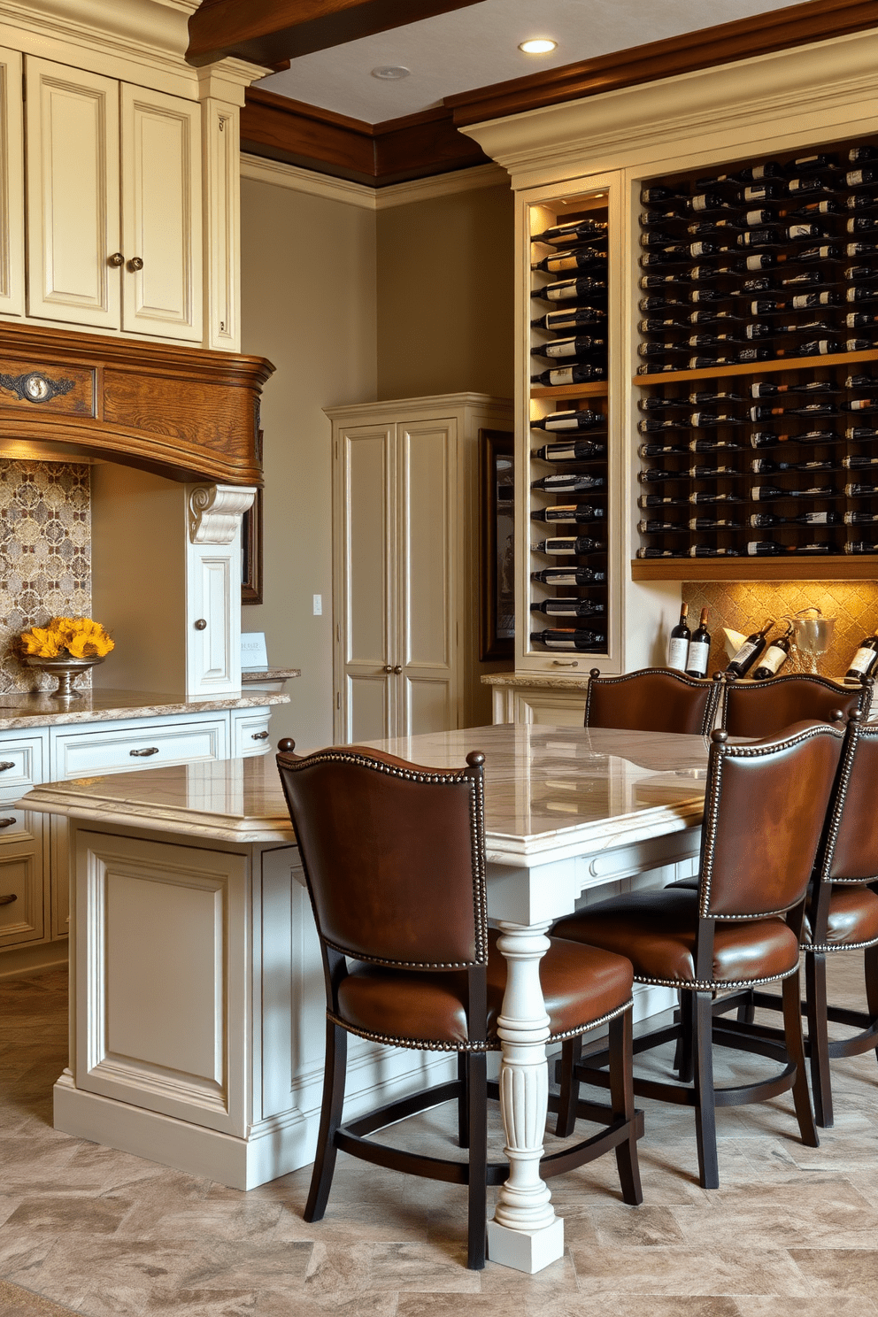 A stunning Italian kitchen with a warm and inviting atmosphere. The space features a large wooden island with a polished marble countertop, surrounded by high-backed chairs in rich leather. On one side of the kitchen, a beautiful wine rack is built into the cabinetry, displaying an array of fine wines. The cabinets are painted in a soft cream color, complemented by brass hardware and intricate tile backsplash in earthy tones.