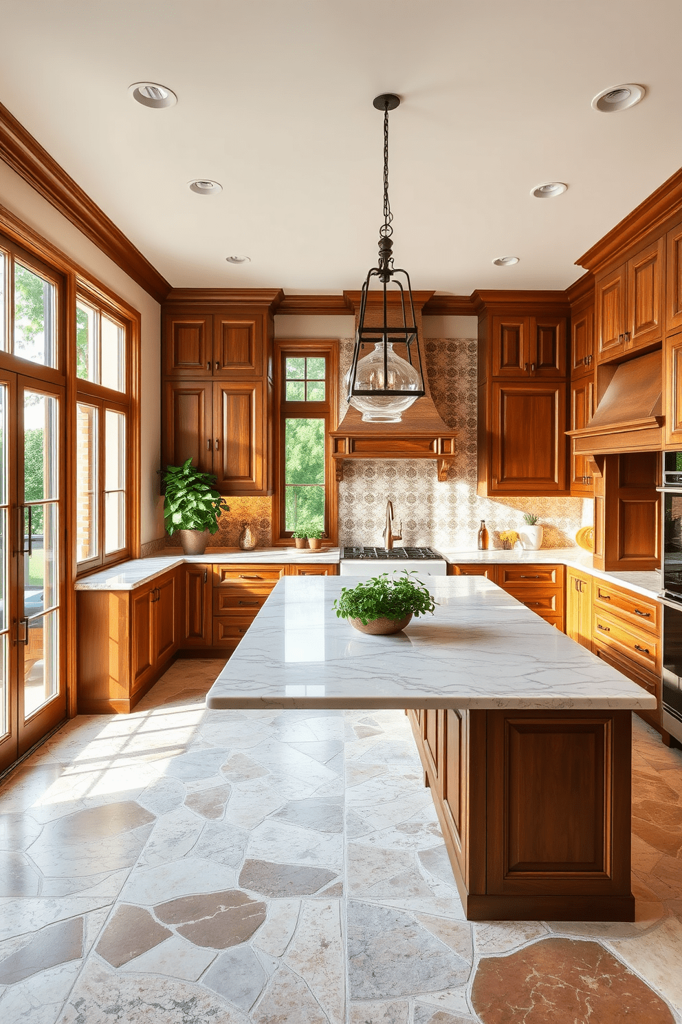 A stunning Italian kitchen featuring natural stone flooring that exudes elegance and warmth. The space is filled with rich wooden cabinetry and a large central island topped with a beautiful marble countertop, creating a perfect gathering spot for family and friends. Large windows allow natural light to flood the room, illuminating the intricate tile backsplash that complements the overall design. Hanging pendant lights above the island add a touch of sophistication, while potted herbs on the windowsill bring a fresh, organic element to the kitchen.