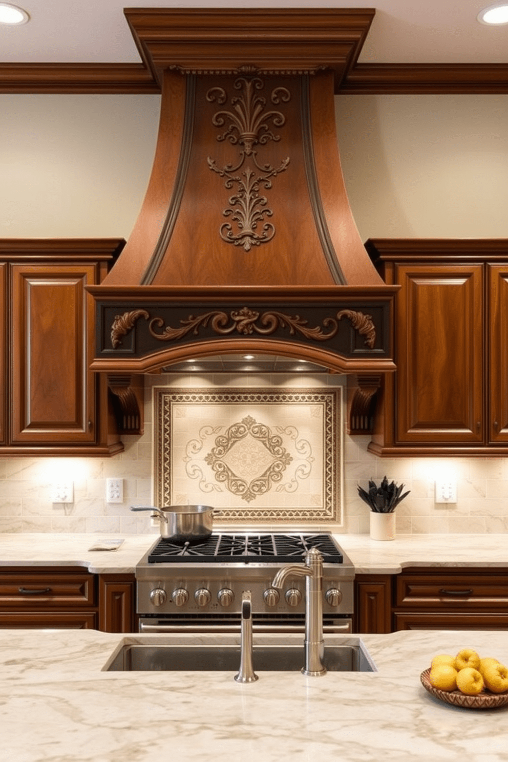 A stunning Italian kitchen featuring a decorative range hood as the focal point. The range hood is intricately designed with ornate details and complements the warm wooden cabinetry throughout the space. The countertops are made of polished marble, providing a luxurious surface for cooking and entertaining. Soft ambient lighting highlights the elegant tile backsplash, creating a welcoming atmosphere in this culinary haven.