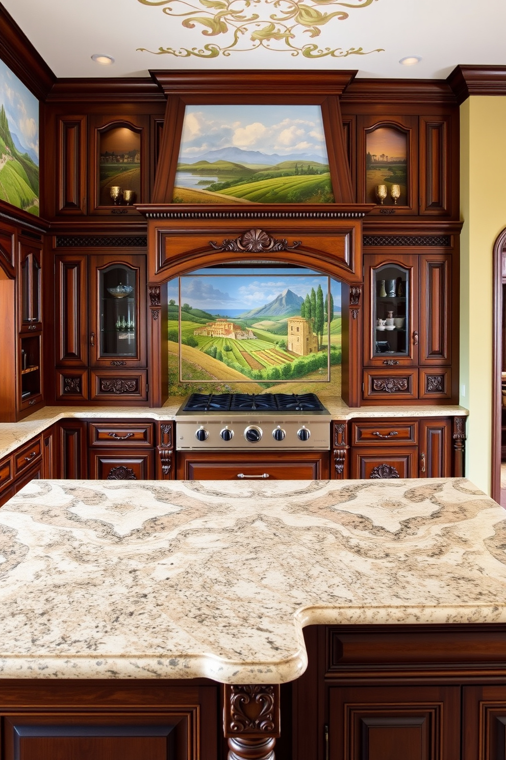 A vibrant Italian kitchen featuring artistic murals on the walls that depict scenic landscapes of Tuscany. The cabinetry is a rich walnut wood with intricate carvings, complemented by a large central island topped with a polished granite surface.