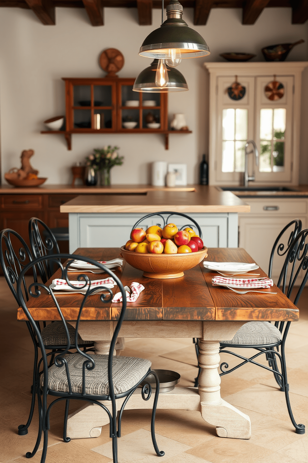 A beautifully set dining table that complements the Italian kitchen style. The table features a rustic wooden surface paired with elegant wrought iron chairs, creating a warm and inviting atmosphere. The centerpiece is a vibrant arrangement of seasonal fruits in a ceramic bowl, adding a touch of color. Soft, ambient lighting from hanging pendant fixtures enhances the cozy ambiance of the space.