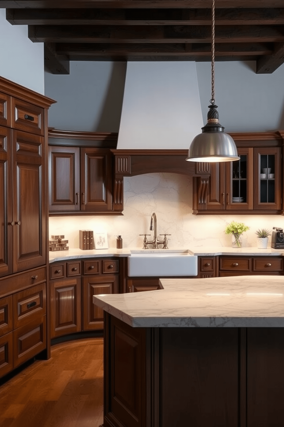 A warm and inviting Italian kitchen featuring marble countertops that add an elegant touch. The cabinetry is a rich wood finish, complemented by brass hardware and a classic farmhouse sink. The kitchen island is spacious and topped with a stunning slab of marble, providing ample space for meal preparation. Soft, ambient lighting illuminates the room, creating a cozy atmosphere perfect for family gatherings.