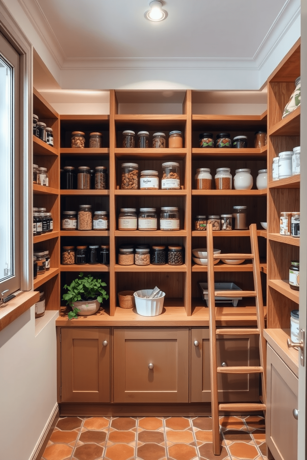 A functional pantry with organized storage features sleek wooden shelves that hold neatly arranged jars and containers. The space is illuminated by soft overhead lighting, creating a warm and inviting atmosphere. Incorporating Italian kitchen design ideas, the pantry showcases a rustic charm with terracotta tiles and a wooden ladder for easy access to higher shelves. A small herb garden sits on the windowsill, adding a touch of greenery and freshness to the space.