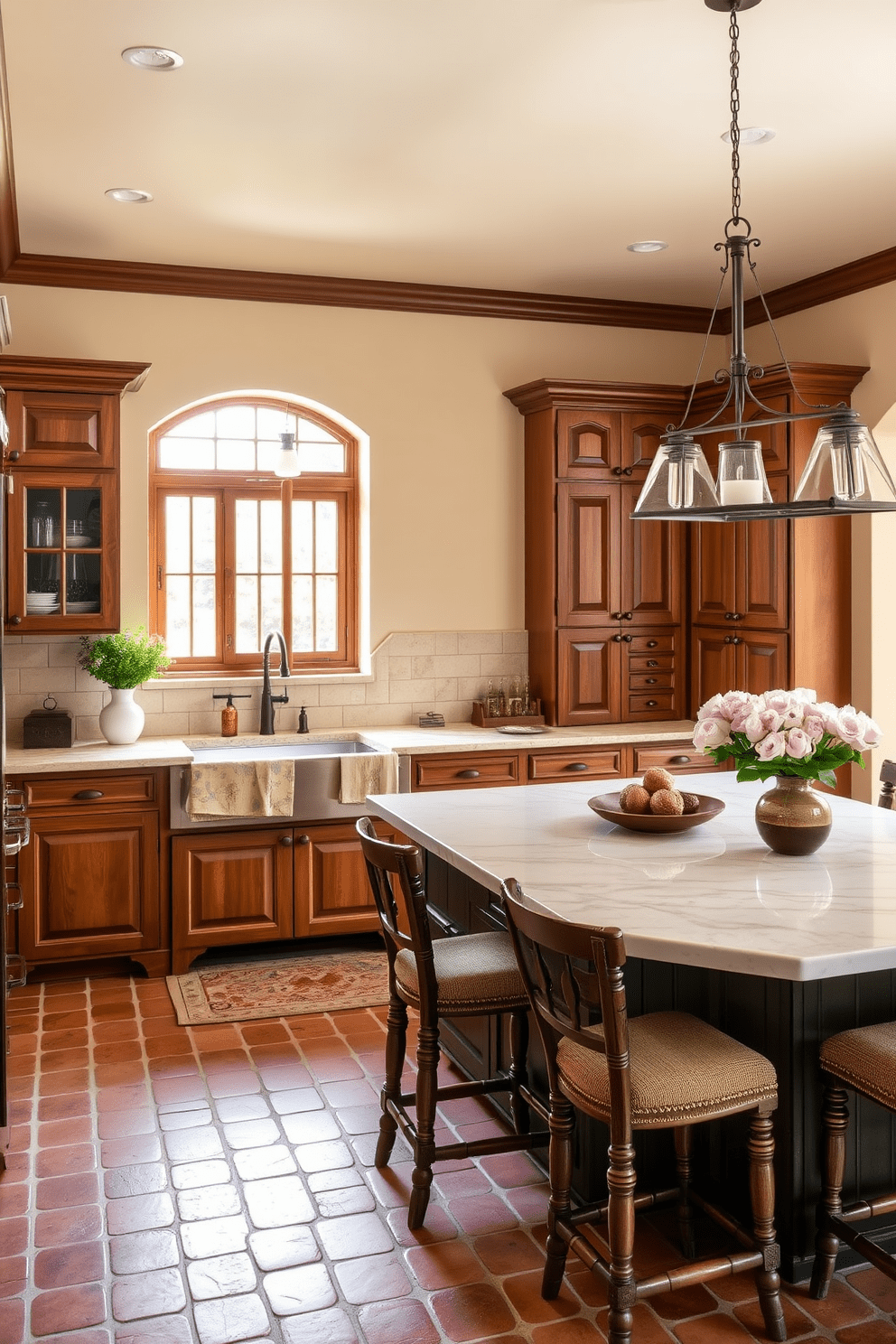 A welcoming Italian kitchen with warm earth tones throughout. The floor is adorned with terracotta tiles, creating a cozy and inviting atmosphere. The cabinetry features rich wooden finishes, complemented by a rustic farmhouse sink. A large island in the center showcases a beautiful marble countertop with barstools for casual dining.