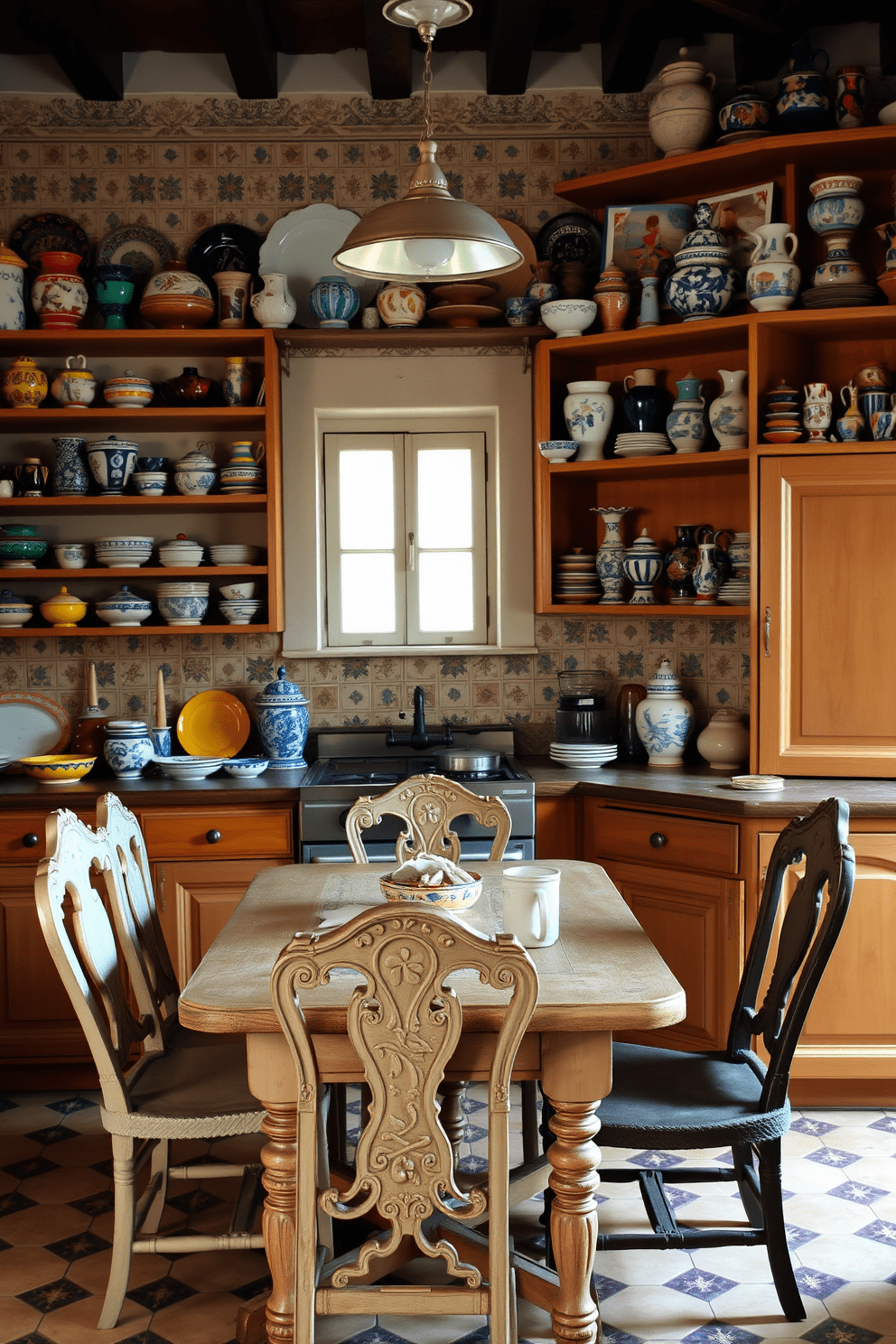 A charming Italian kitchen filled with vintage ceramics as decor. The walls are adorned with hand-painted tiles, and open shelves display an array of colorful ceramic dishes and vases. A rustic wooden dining table sits in the center, surrounded by mismatched chairs featuring intricate carvings. The warm, earthy tones of the cabinetry complement the vibrant colors of the ceramics, creating a cozy and inviting atmosphere.