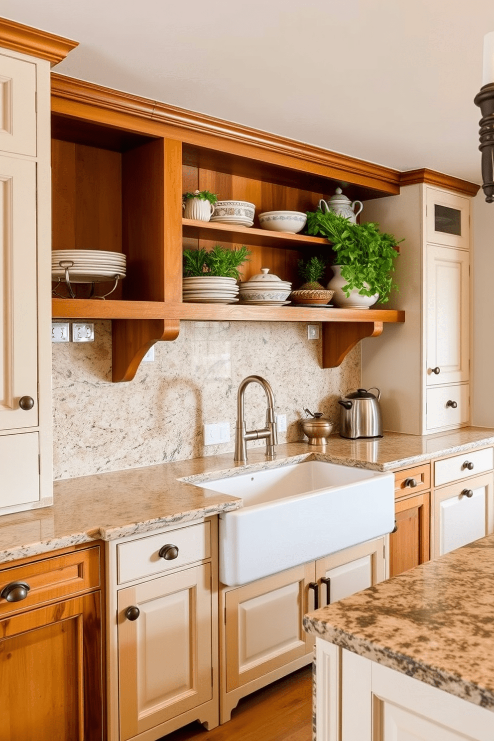 A large farmhouse sink with a deep basin is the focal point of this Italian kitchen design. The cabinetry is painted in a soft cream color, complemented by warm wooden accents and rustic hardware. The countertops are made of polished granite with subtle veining, providing an elegant contrast to the cabinetry. Open shelving displays artisanal dishware and fresh herbs, adding a touch of charm and functionality.