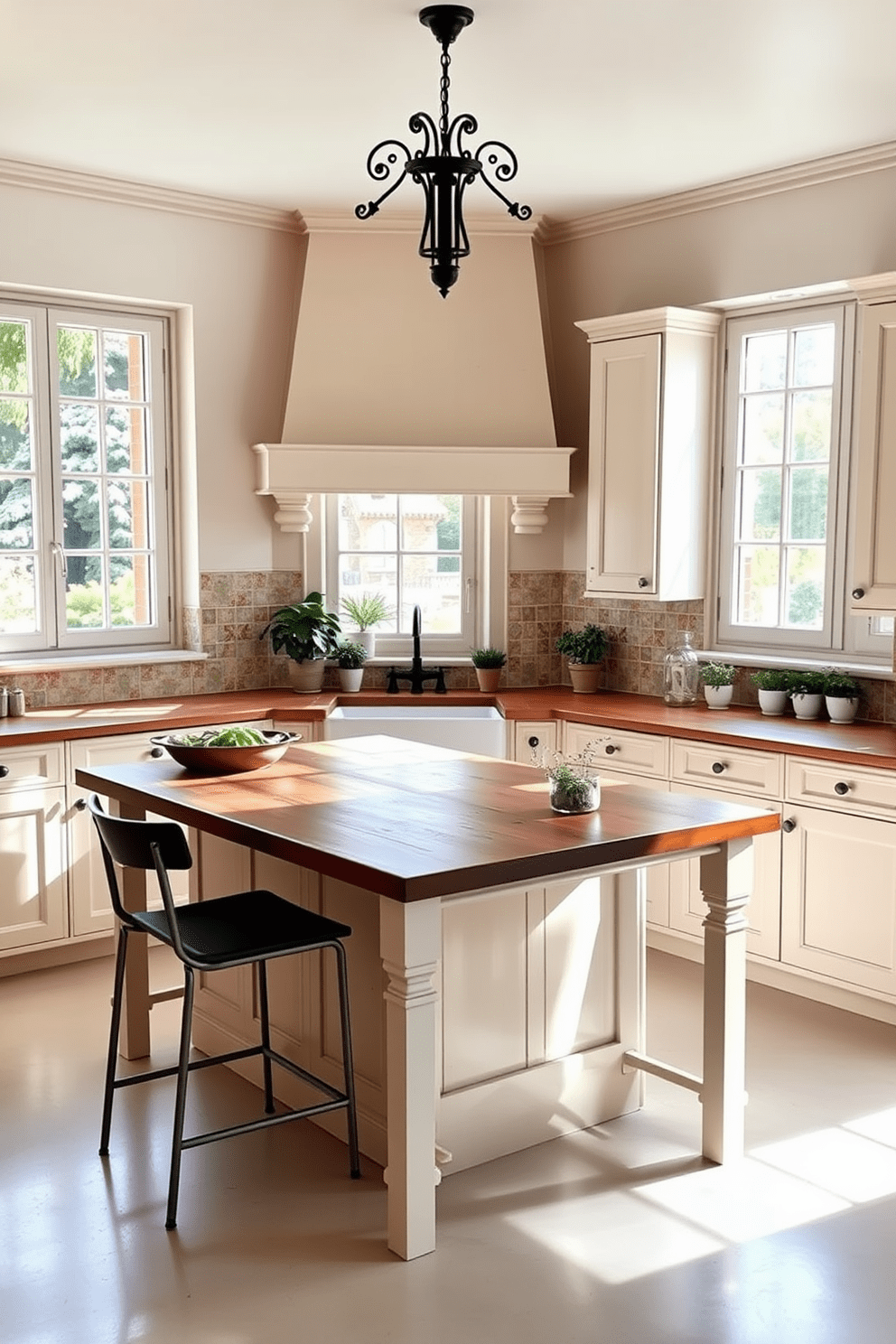 A bright Italian kitchen filled with natural light streaming through large windows. The space features a spacious island with a rustic wooden surface and sleek bar stools, complemented by elegant cabinetry in soft cream tones. The backsplash is adorned with colorful hand-painted tiles, adding a vibrant touch to the design. A farmhouse sink sits beneath the window, surrounded by fresh herbs in decorative pots, creating a warm and inviting atmosphere.