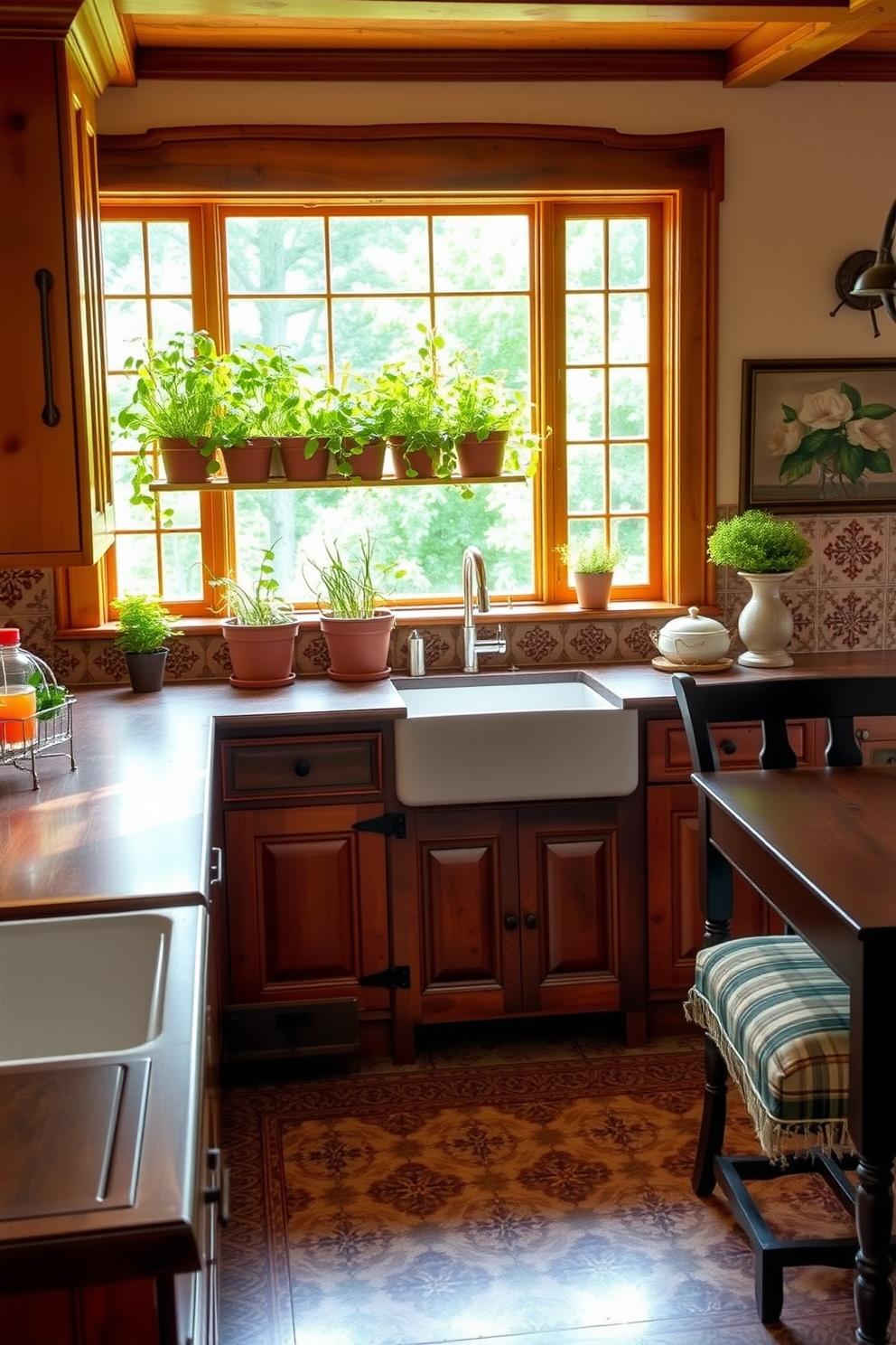 A vibrant herb garden flourishes on the kitchen windowsill, with pots of basil, rosemary, and thyme basking in the sunlight. The kitchen features rustic wooden cabinetry, a farmhouse sink, and a large island topped with butcher block, creating a warm and inviting atmosphere. Italian kitchen design ideas showcase elegant tile backsplashes with intricate patterns and warm earth tones. A spacious layout includes a large dining table, perfect for family gatherings, surrounded by comfortable seating and decorative accents that reflect Italian culture.