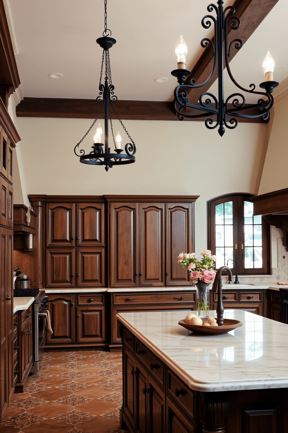 A classic Italian kitchen featuring wrought iron light fixtures that enhance the rustic charm of the space. The kitchen is adorned with warm wooden cabinets, a large marble island, and traditional tile backsplashes that evoke a sense of timeless elegance.