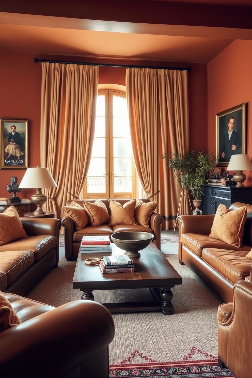 A cozy Italian living room filled with warm color schemes. The walls are painted in a soft terracotta hue, complemented by rich brown leather sofas and plush golden throw pillows. A large wooden coffee table sits in the center, adorned with a stack of art books and a decorative bowl. Elegant drapes in a warm cream tone frame the windows, allowing soft natural light to filter in.