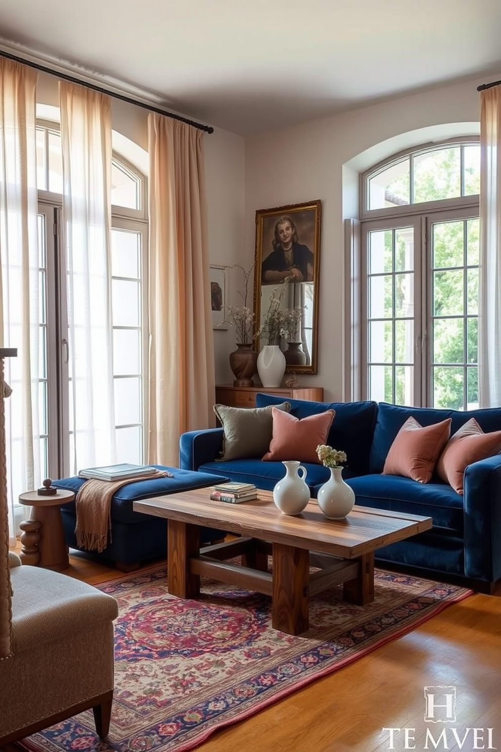 A cozy Italian living room featuring a combination of textured fabrics and sleek surfaces. The space includes a plush velvet sofa in deep blue paired with a reclaimed wood coffee table, creating a warm contrast. Large windows draped with sheer linen curtains allow natural light to flood the room. Decorative elements such as a vintage rug and ceramic vases add character and depth to the overall design.