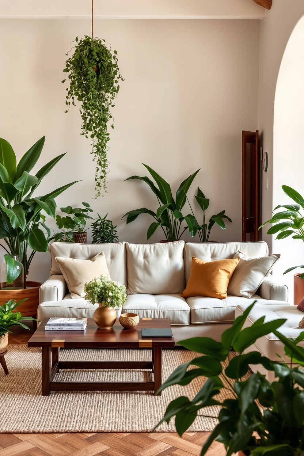 A welcoming Italian living room filled with natural elements. Lush green plants are strategically placed around the room, adding a touch of freshness and vibrancy. The space features a comfortable sofa upholstered in soft linen, paired with elegant wooden coffee tables. Rich textures and warm earth tones create a cozy yet sophisticated atmosphere.