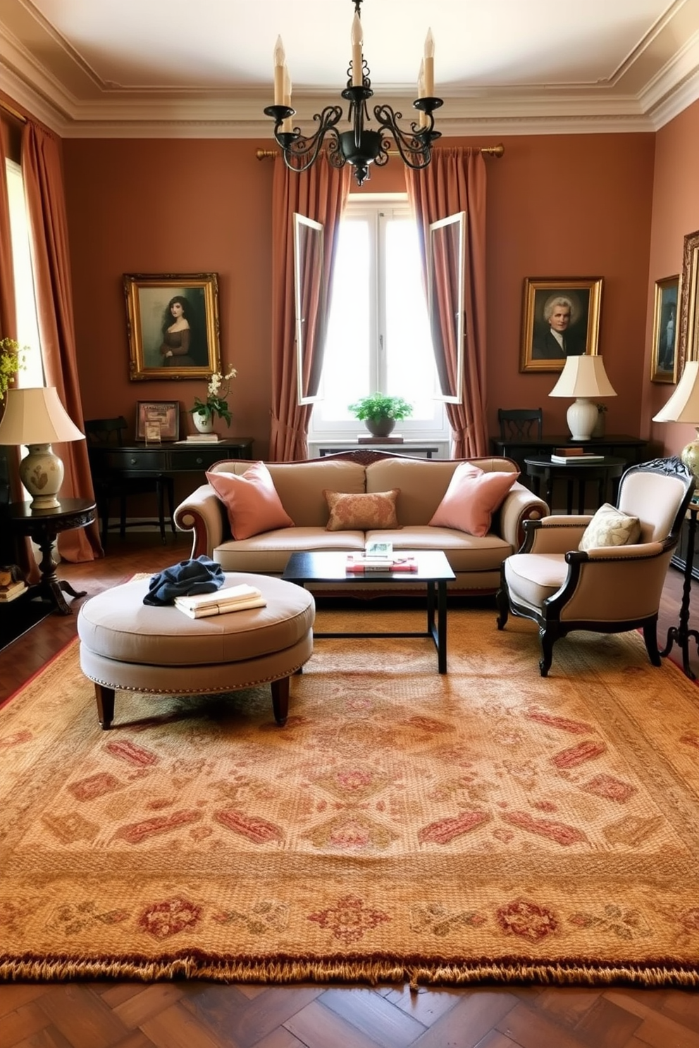 A cozy Italian living room featuring a textured area rug that adds warmth and comfort to the space. The room is adorned with elegant furniture, including a plush sofa and classic armchairs, all set against a backdrop of rich, earthy tones.