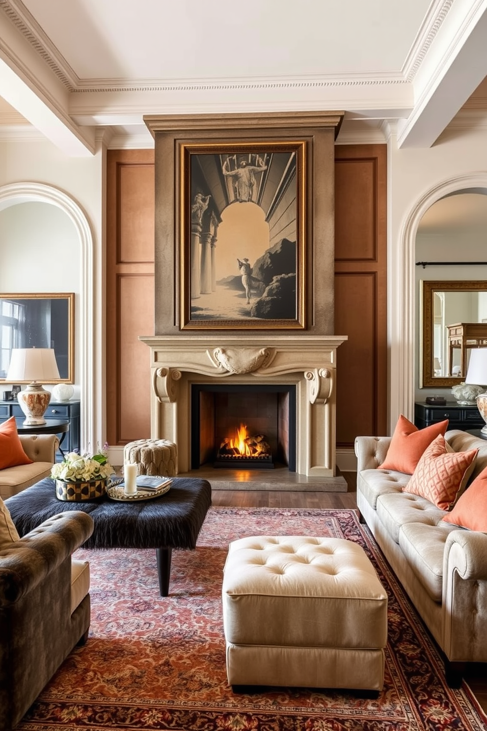 A stunning Italian living room features a statement fireplace as the focal point, surrounded by elegant furnishings. The room is adorned with rich textures, including plush sofas and intricate rugs, creating a warm and inviting atmosphere for cozy gatherings.